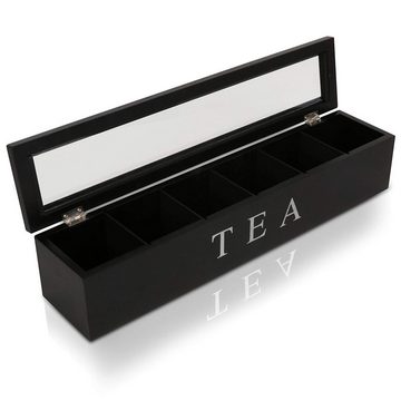 Oramics Teebox Teekiste mit 6 Fächern im edlen schwarzen Holzdesign Teebeutelbox, Holz, (Die Box eignet sich perfekt zum Aufbewahren und Sortieren, 1-tlg., Teekasten aus robustem, lackiertem Holz mit silberner Aufschrift), Die Tee Aufbewahrungsbox ist ein Muss für jeden Teekenner