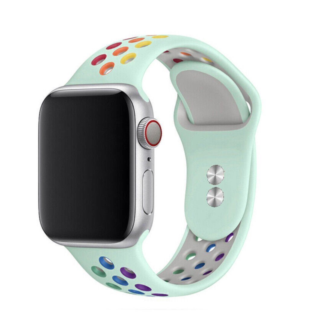 SmartUP Uhrenarmband Sport Silikon Armband für Apple Watch 1/2/3/4/5/6/7/8 SE Ultra, Sportband 38/40/41mm 42/44/45/49mm, Silikon Ersatz Armband #16 Regenbogen Grün