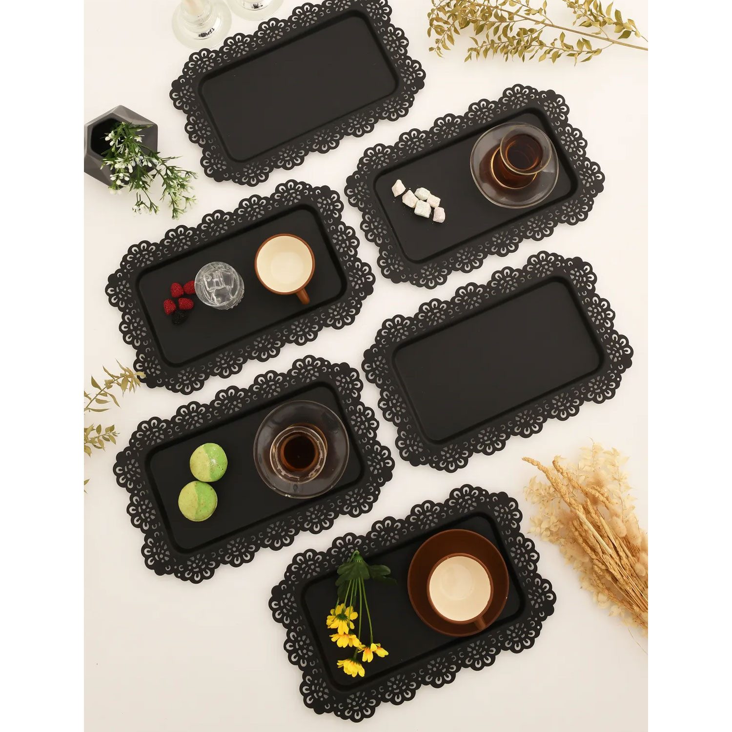 Jungengel Tablett 6x Set Serviertablett Servierplatte Schwarz Matt Teetablett, Metall, (6-tlg), Spitzenverzierter Serviertablett-Satz, Metall, Vintage Design