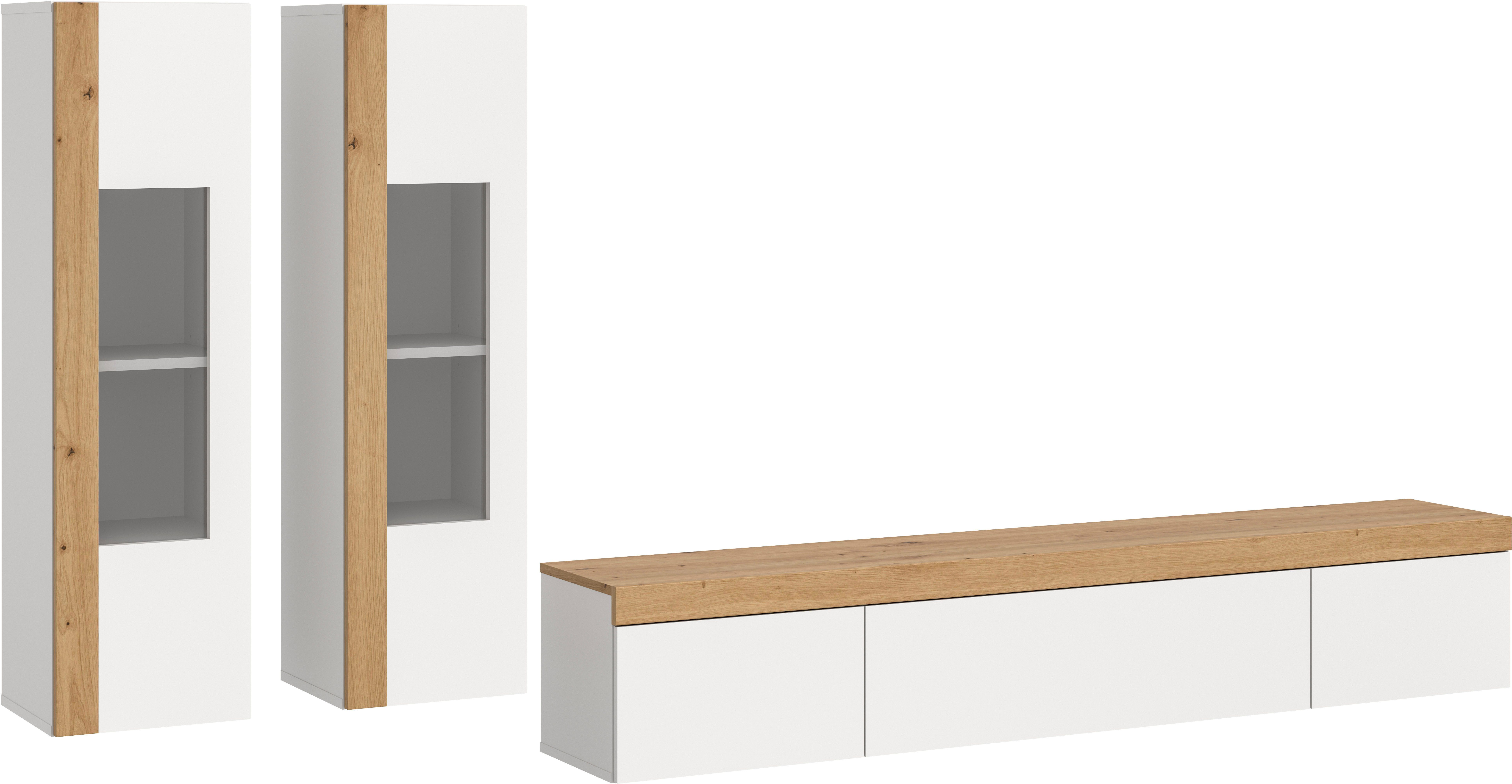 Home affaire Wohnwand Svala, Breite 180 cm, Wohnkombination, (Set, 3-St), stehend u. hängend montierbar, Vitrinenschränke, Lowboard