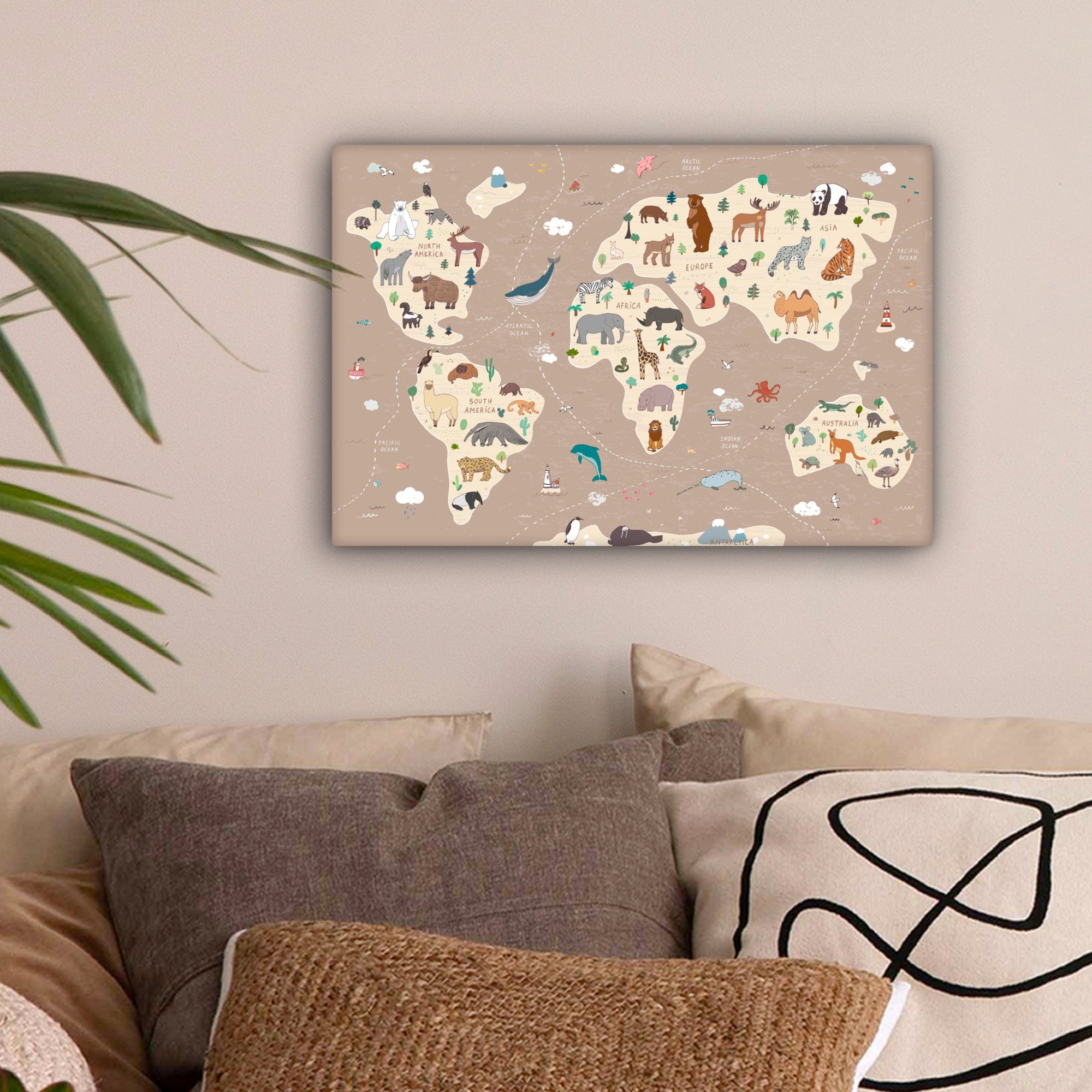 OneMillionCanvasses® Leinwandbild Weltkarte Kinder - Tiere günstig online kaufen