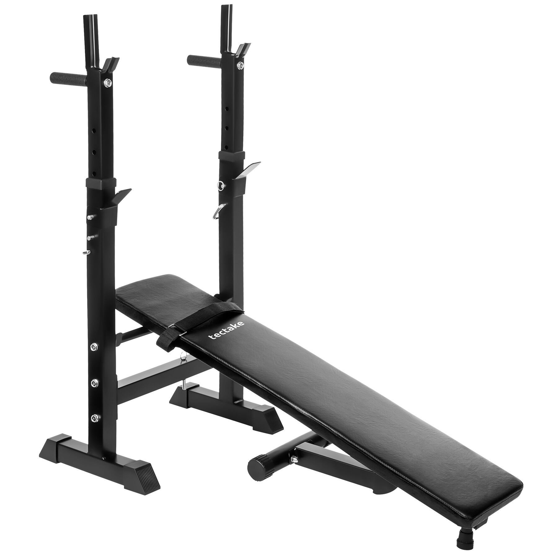 tectake Hantelbank Fitnessbank, rutschfest, mit 2 höhenverstellbaren Langhantelabnahmen, (Trainingsbank, in schwarz), 118 x 55 x 106 cm, gepolstert mit Kunstlederbezug, Dip Station