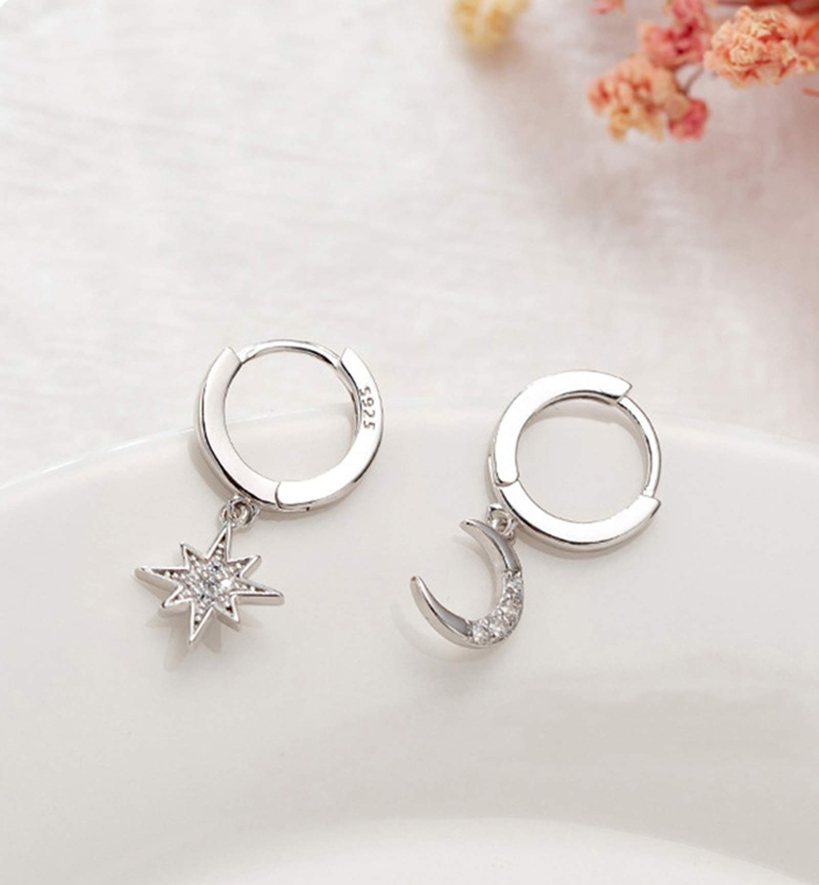 perforierte Ohrring-Set Kristall Mond Ohrringe Personalisierte POCHUMIDUU Silver Ohrringe, kleine Reifen Männer Asymmetrische Ohrringe Stern