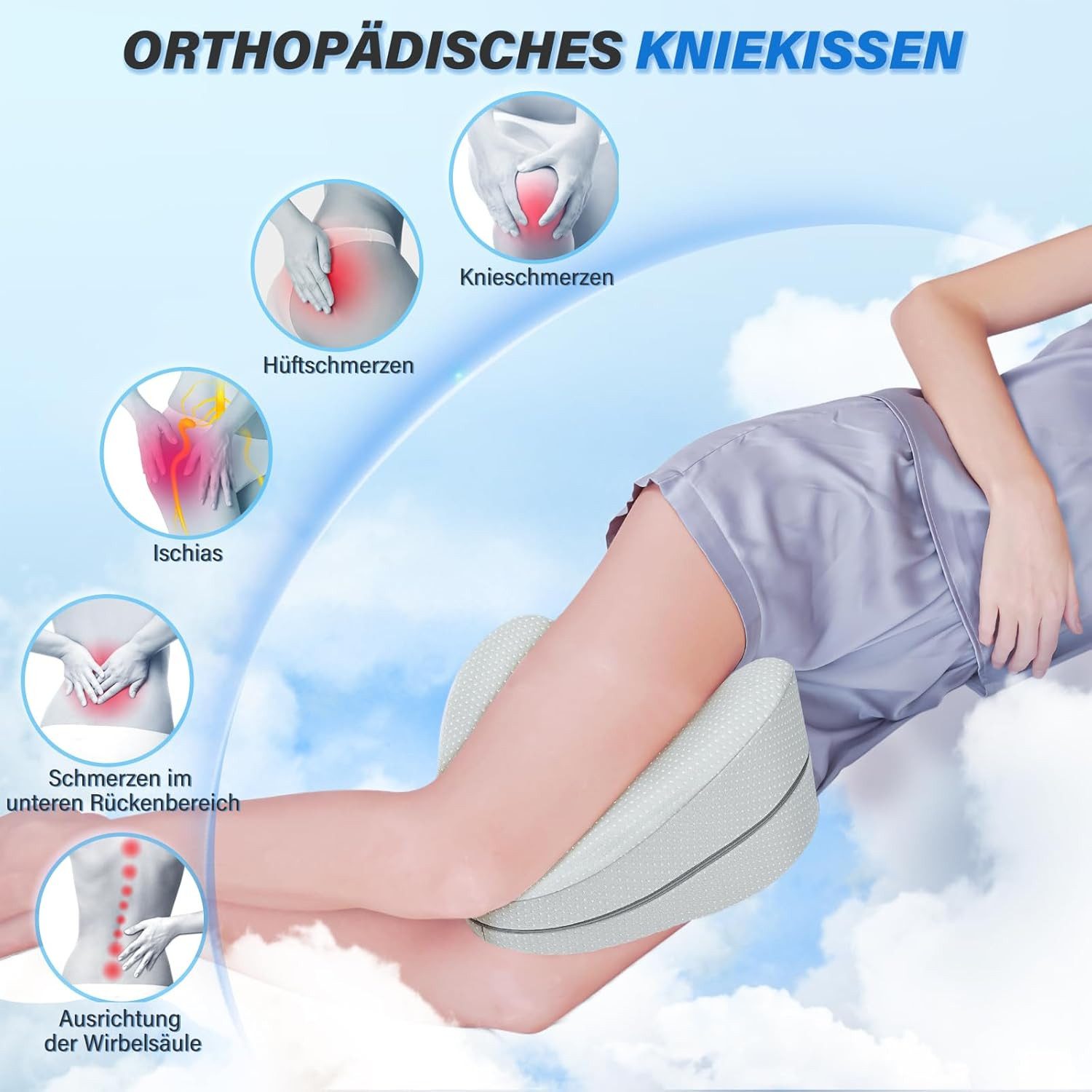 Vivitar Kniekissen für Seitenschläfer, Memory Foam Beinkissen zur Entlastung von Rücken, (Premium Memory-Schaum für erholsamen Schlaf & bessere Körperhaltung, Hüfte & Knien, Ergonomisches Design mit abnehmbarem, waschbarem Bezug)