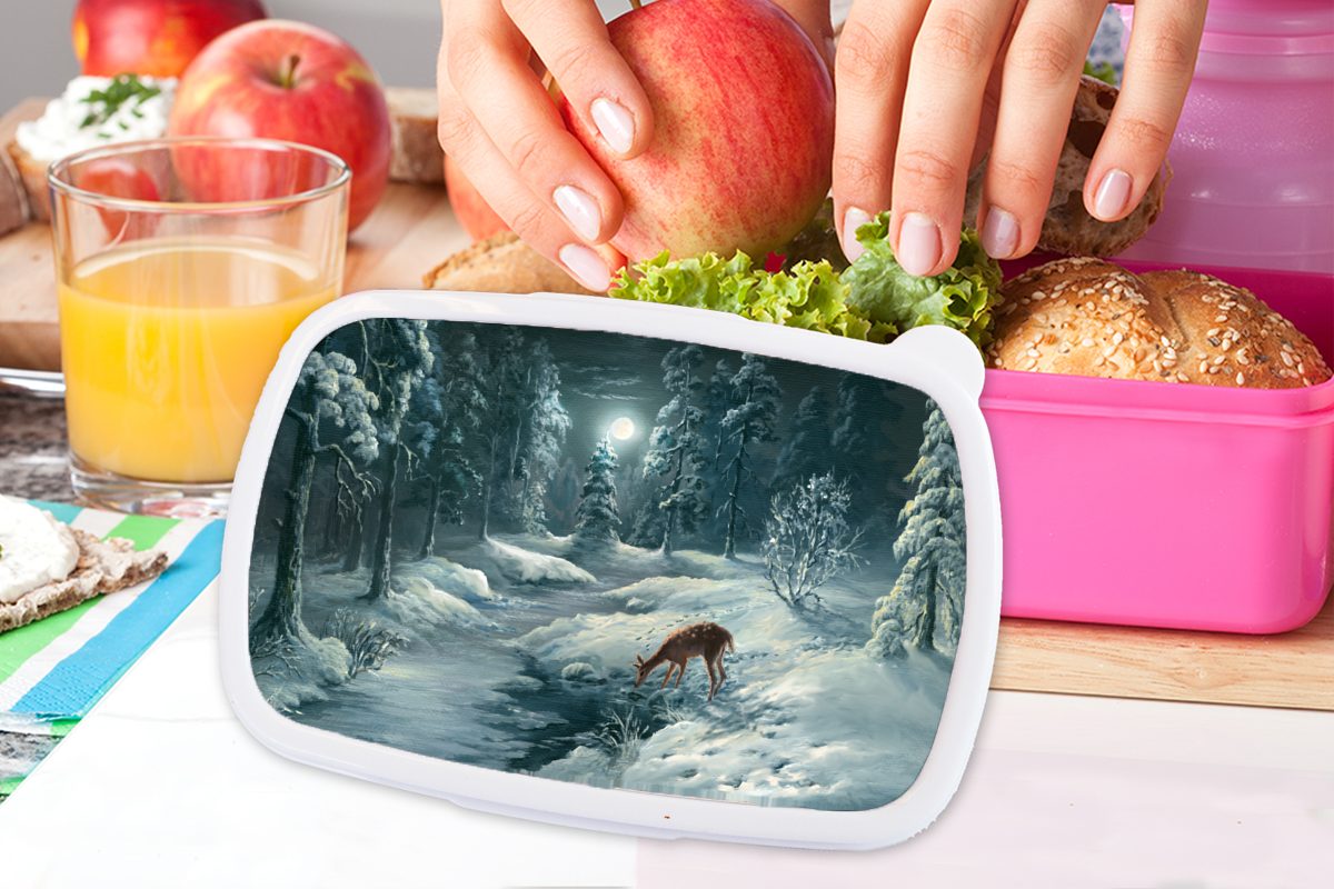 Brotbox Erwachsene, Kunststoff, Kunststoff (2-tlg), Schnee, rosa Wald Kinder, - für Hirsche Brotdose MuchoWow Lunchbox Mädchen, - Snackbox,