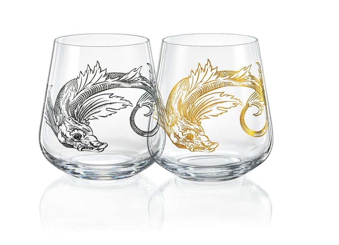 Crystalex Whiskyglas Seafall Whiskygläser Wassergläser Kristallglas 400 ml 2er Set, 2-tlg., Kristallglas, zwei verschiedene Farben, Seeschlangen und Leviathan