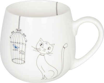Könitz Tasse Kuschelbecher Kaffeebecher Tee Kaffeetasse Katze Vogel, Porzellan