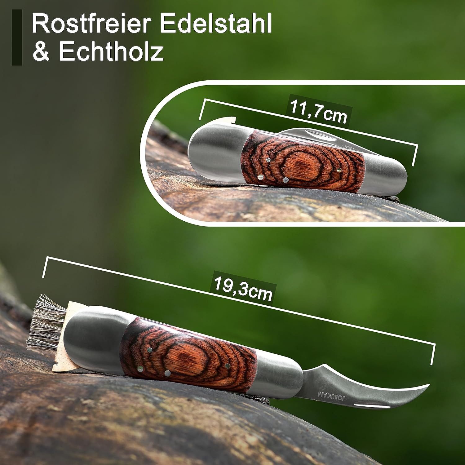 JOBUKAM Allzweckmesser Pilzmesser mit Bürste 19,3cm im ausgeklappten Zustand, Schwammerlmesser aus hochwertigen Edelstahl