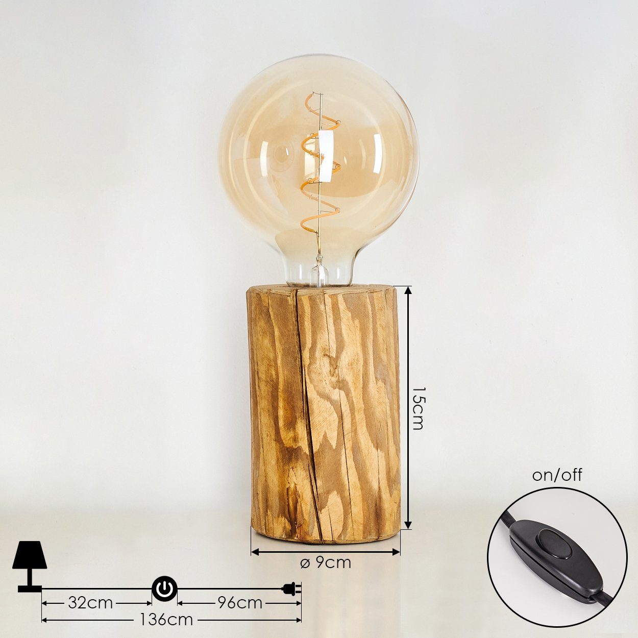 Design, Tischleuchte Kunststoff & Holz in 1xE27 aus ohne Natur/Schwarz, und Ausschalter,Lichteffekt, »Pontinvrea« Tischlampe Leuchte, Leuchtmittel, An-/ skandinavisches hofstein