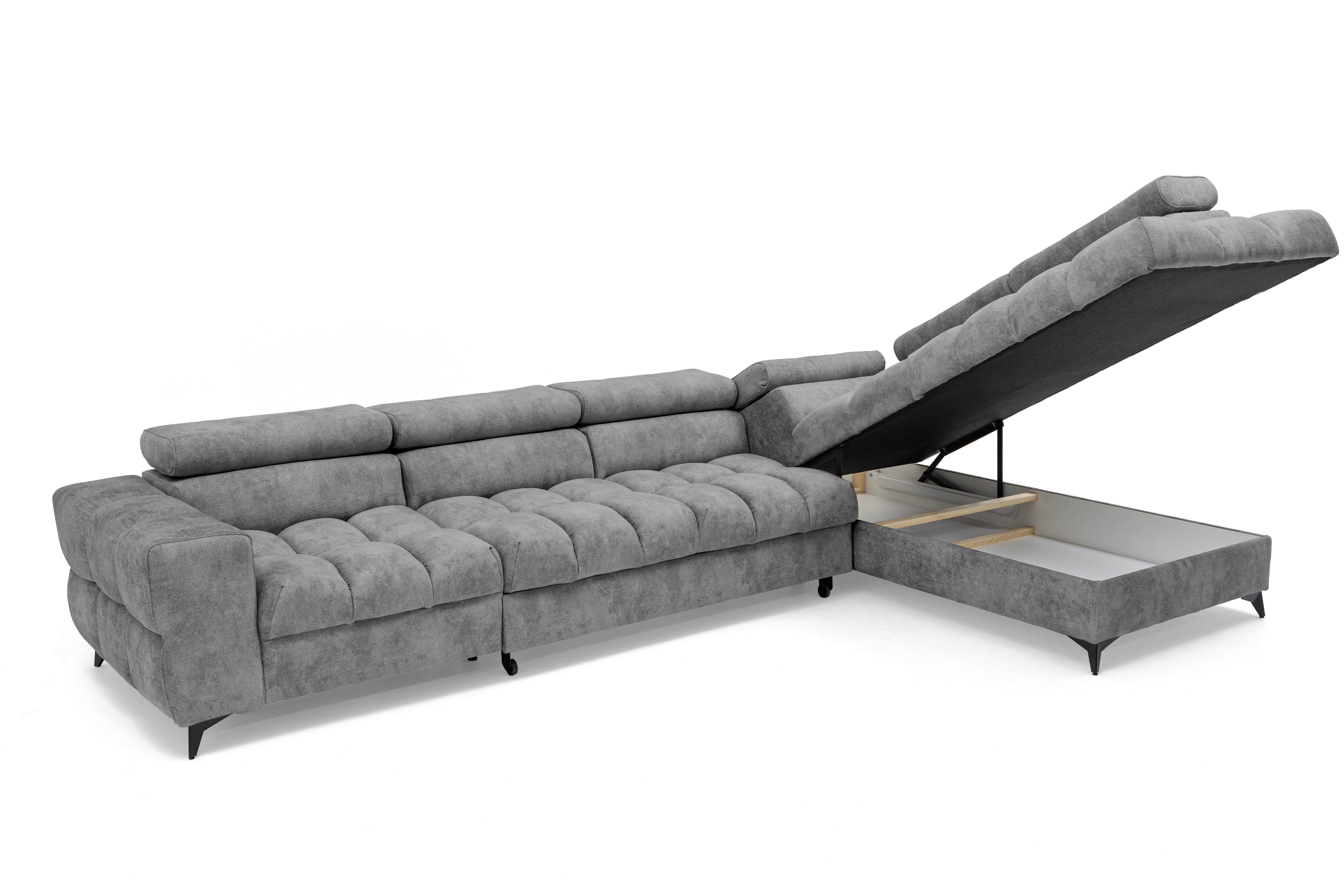 Muffo Ecksofa Pudding Maxi, Elegante starke Steppung, mit Bettkasten, verstellbaren Kopfstützen, mit Schalffunktion