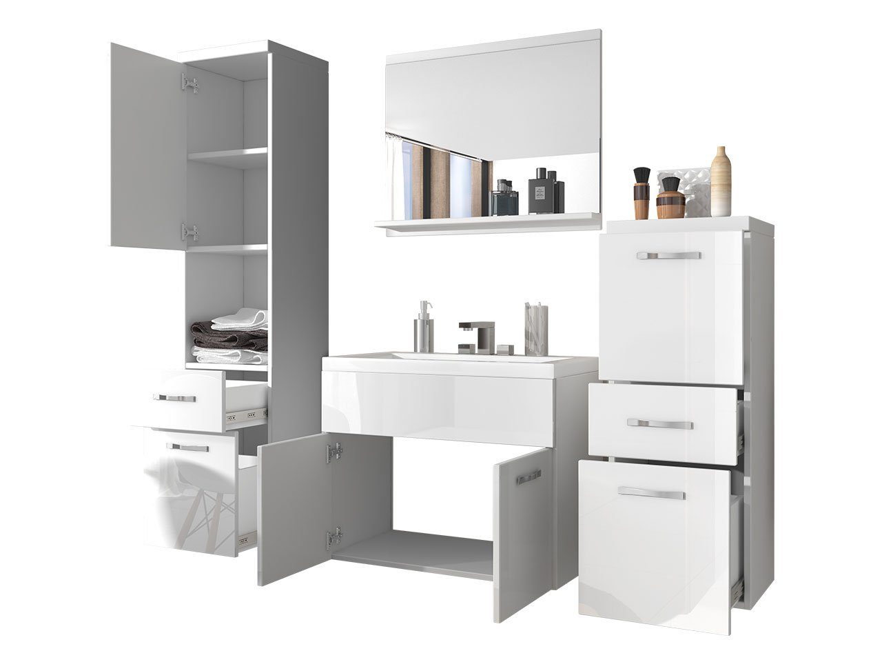 MIRJAN24 Badmöbel-Set Bella I, (5er-Set, Waschbeckenschrank, 2x  Hängeschrank, Spiegel, Waschbecken), Modernes Badezimmer, Komplett