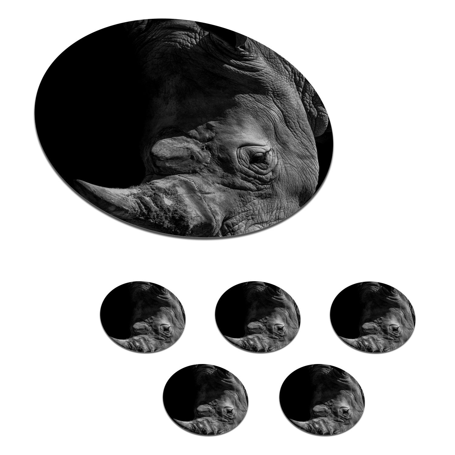 MuchoWow Glasuntersetzer Nahaufnahme eines Nashorns auf schwarzem Hintergrund, Zubehör für Gläser, 6-tlg., Getränkeuntersetzer, Tassenuntersetzer, Korkuntersetzer, Tasse, Becher
