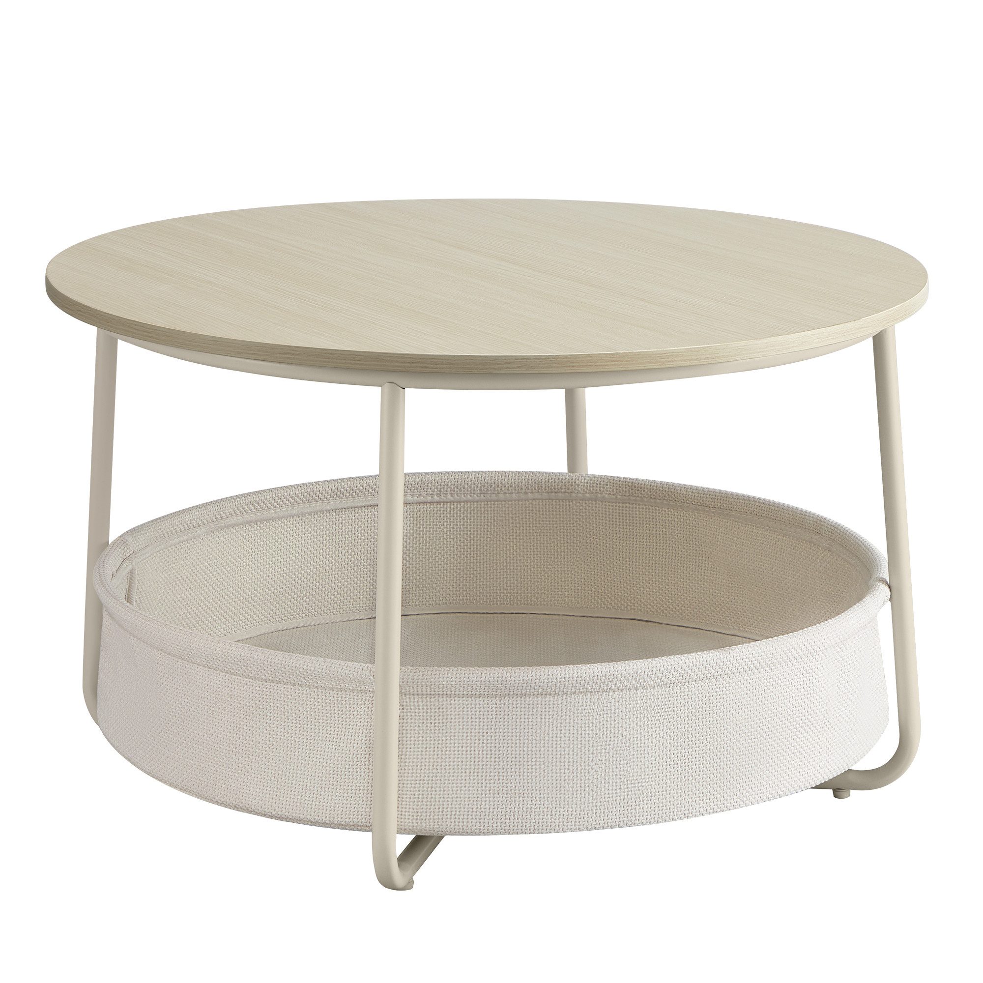 VASAGLE Couchtisch Wohnzimmertisch rund, mit Stauraum Stoffkorb, Sofatisch, holz (inkl. Zubehörpaket & Anleitung), Beistelltisch rund Wohnzimmertisch modern minimalistisch, ∅75 x 45 cm