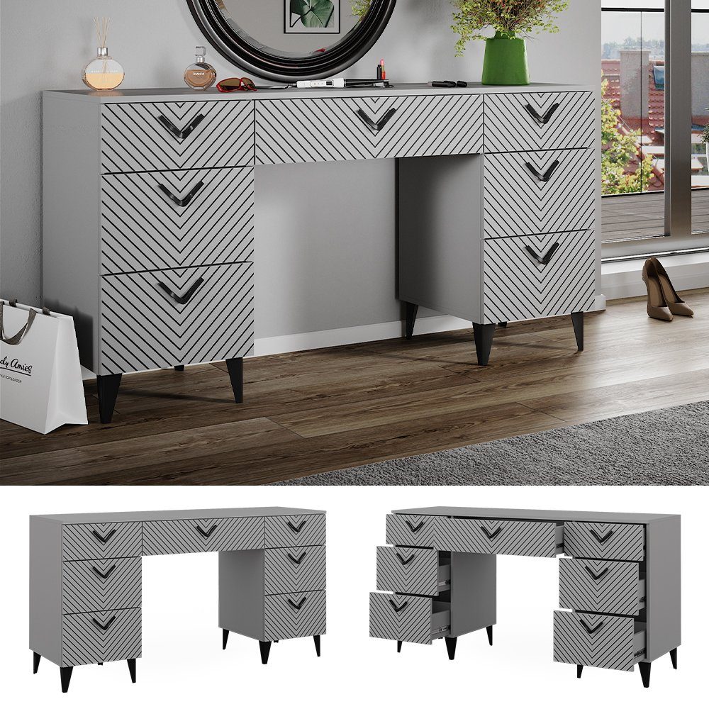 Vicco Schminktisch Anett, Grau, 150 cm ohne Spiegel, mit 7 Schubladen günstig online kaufen