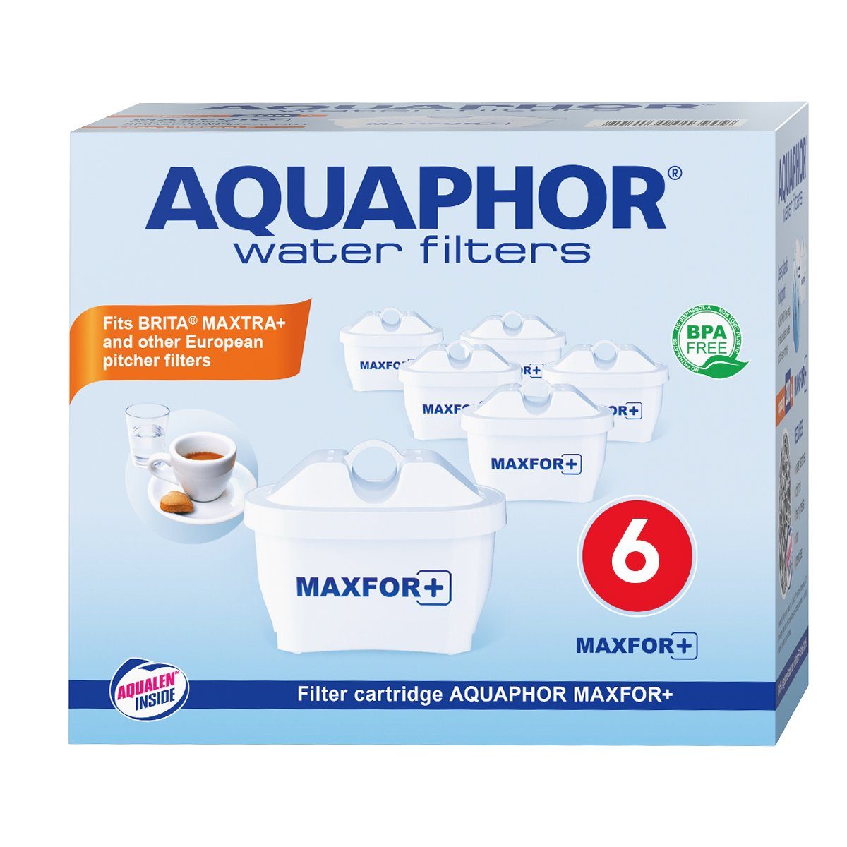 AQUAPHOR Kalk- und Wasserfilter Фильтрыkartusche MAXFOR+ Pack 6 - gegen Kalk, Chlor & weitere Stoffe, Zubehör für AQUAPHOR Modellen Onyx, Jasper, Amethyst, Glaskanne und Tischwasserfiltern anderer Hersteller, AQUALEN Technologie. Bis zum 200 L. Kapazität., BPA frei