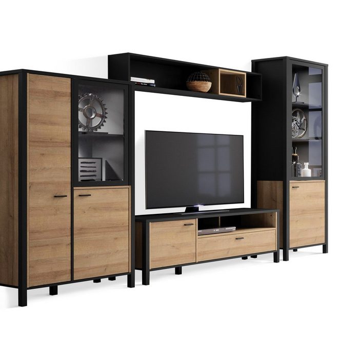 Moebel-Eins Wohnzimmer-Set HAVANO 4-teilige Wohnwand Material Dekorspanplatte Riviera Eichefarbig/schwarz