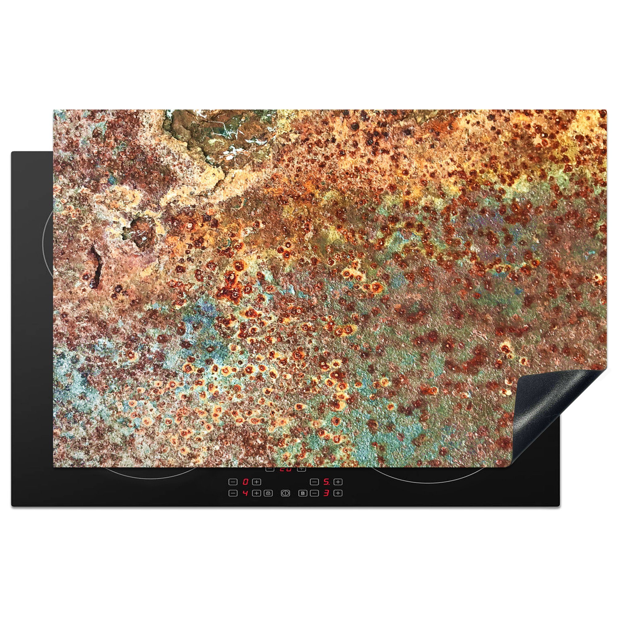 tlg), Stahl Herdblende-/Abdeckplatte MuchoWow Vinyl, Blau Rost für die Schutz 81x52 cm, - - küche, Braun, (1 Induktionskochfeld - Ceranfeldabdeckung