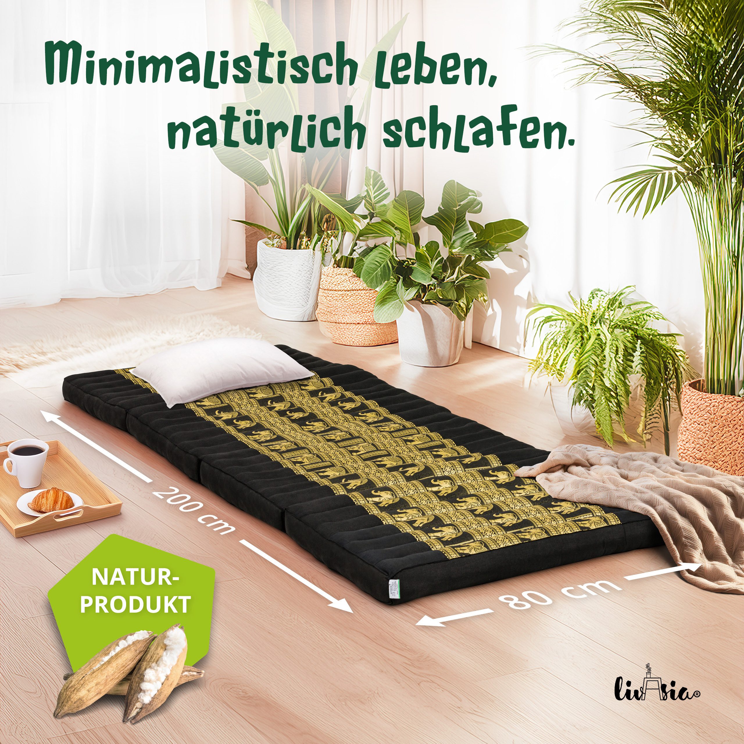 Klappmatratze Klappmatratze 80 cm (Deluxe) vegan und handgefertigt, 200x80x8cm, livasia, 8 cm hoch, Kapok