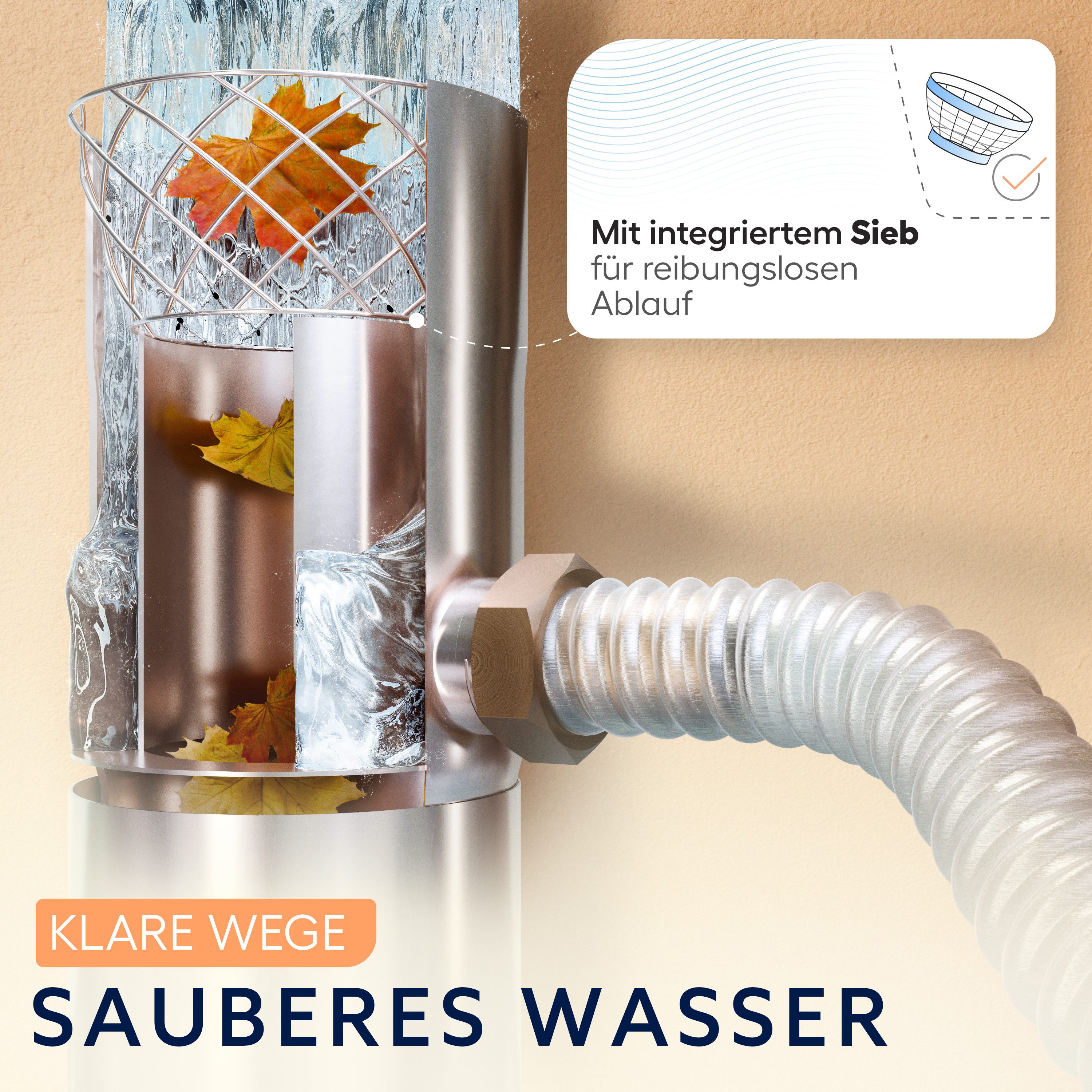 Drei Eichen Regentonnenfüllautomat Regenwassersammler mit Sieb - Fallrohre 8cm 10cm Edelstahl Schlauch, Edelstahl, Überlaufschutz, inkl. Sieb, Schlauch und Fass – Bild 4 von 5