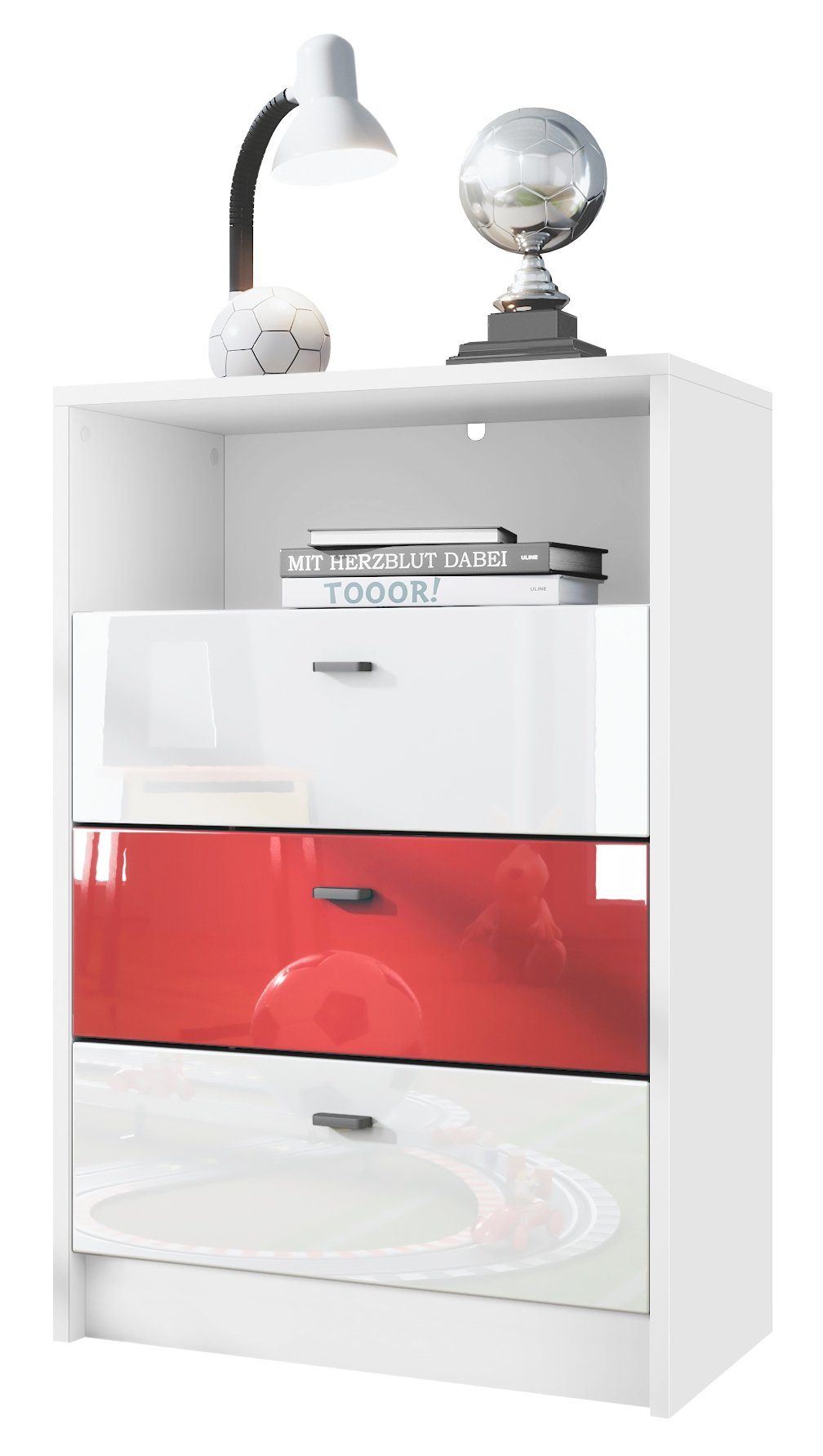 Vladon Kommode Pino V2 (Anrichte, mit 3 Schubladen), Fußball Liga Stuttgart - Weiß, Rot & Weiß glänzend (56x86,5x36 cm)
