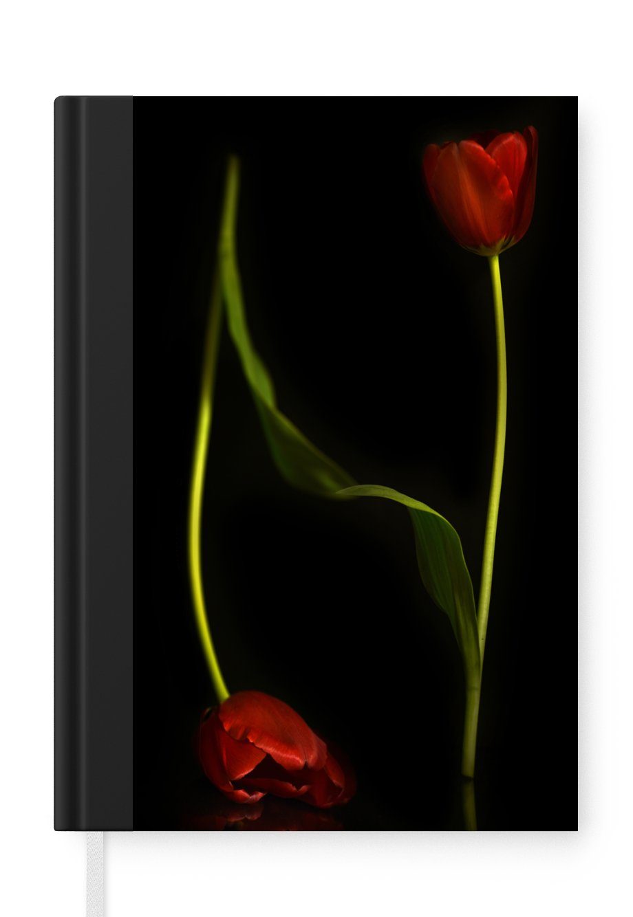 MuchoWow Notizbuch Zwei rote Tulpen auf schwarzem Hintergrund, Journal, Merkzettel, Tagebuch, Notizheft, A5, 98 Seiten, Haushaltsbuch