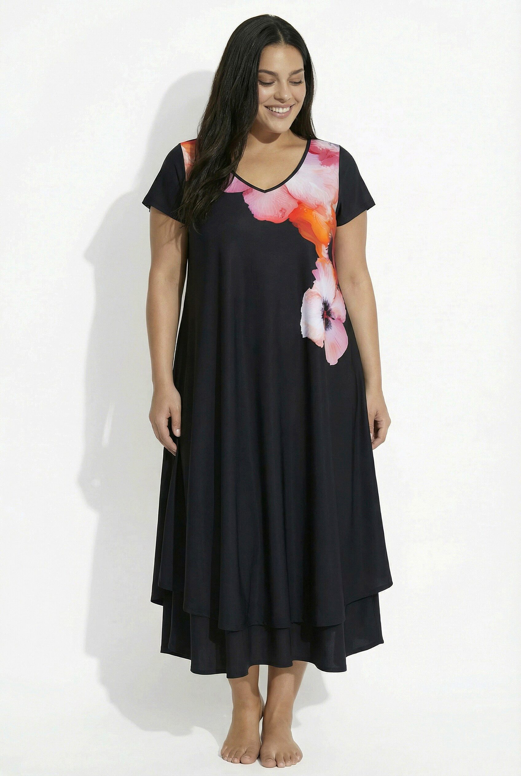 Ulla Popken Strandkleid Midikleid Blüten A-Linie V-Ausschnitt Cap-Ärmel