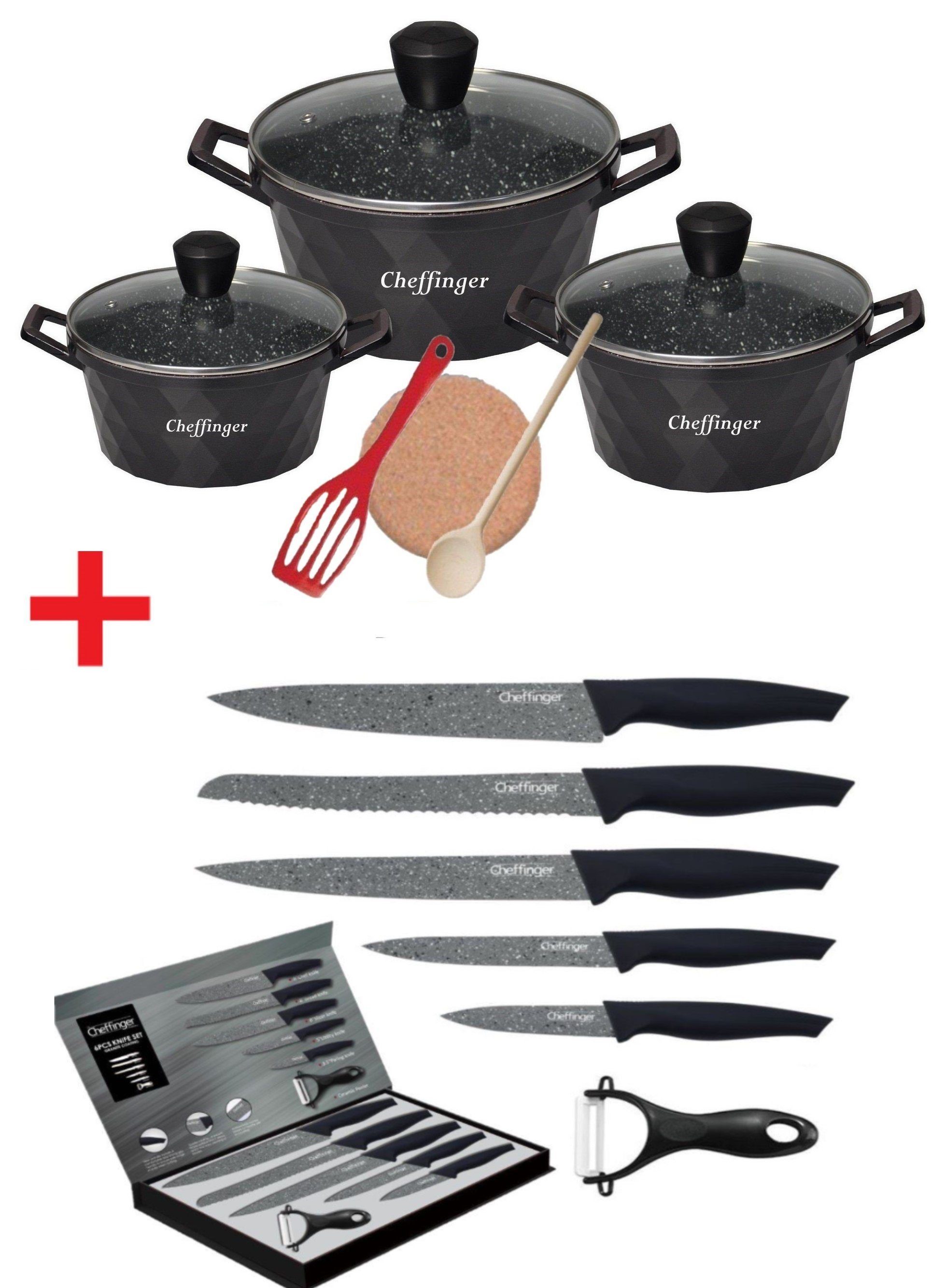 KESSMANN Topf-Set Induktion Bratentöpfe 20 24 28cm mit Deckel 9tlg + Messerset 6tlg, Aluminium (Set, 15-tlg., Inkl. 1 Pfannenwender + 1 Untersetzer + 1 Holzlöffel Topfset Messer), alle Herdarten Fleischtopf Antihaft Brattopf Küchenmesser Box Knife