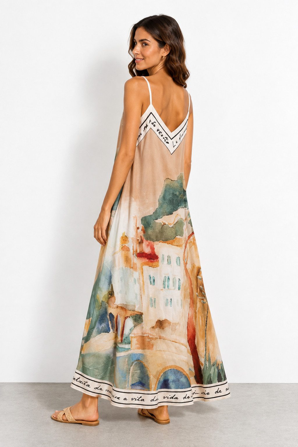 ITALY VIBES Sommerkleid - A-Linien Kleid mit Aquarell Print - Damen Kleid in Satin-Optik ONE SIZE - passend für Größen M bis XL