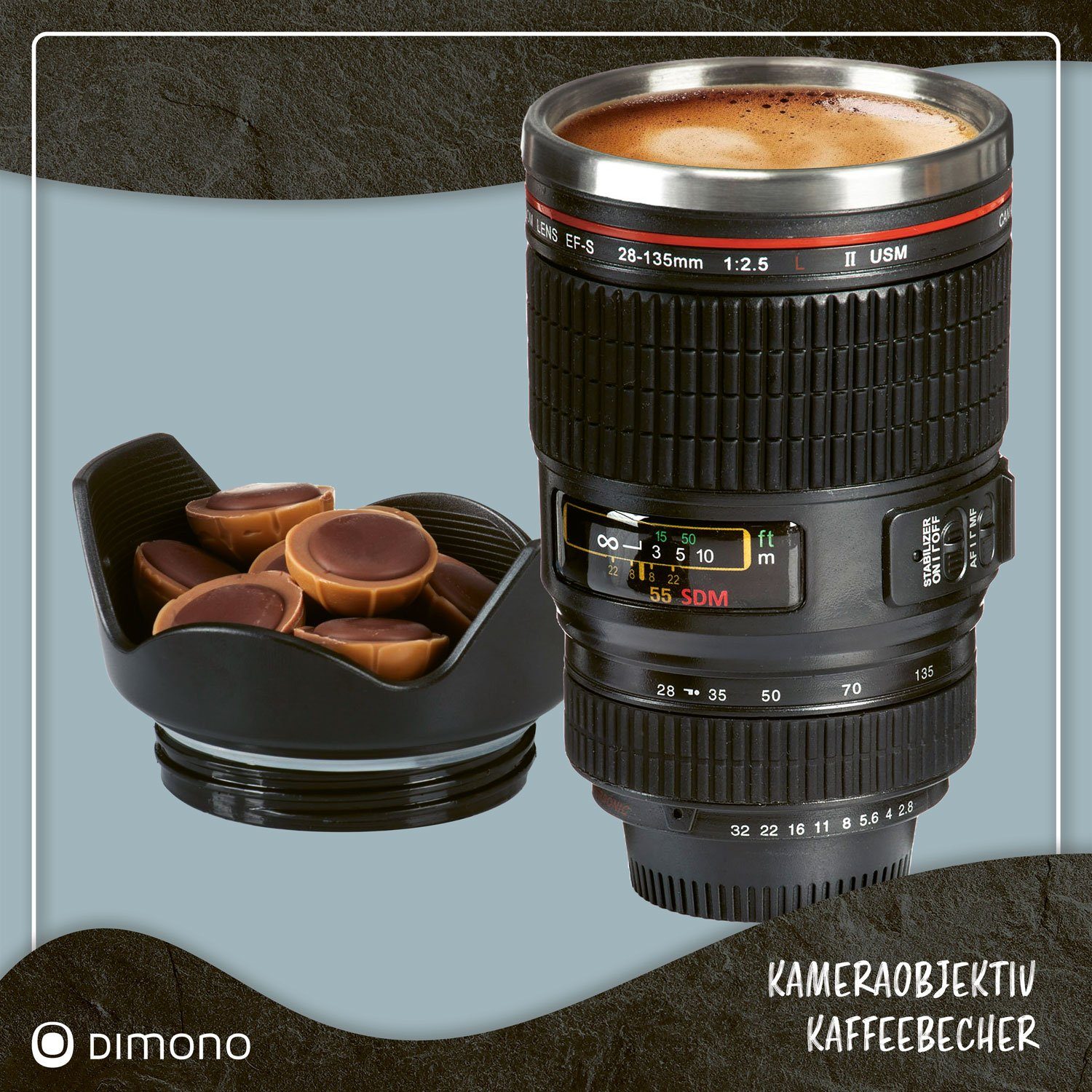 Goods+Gadgets Tasse Kamera Objektiv Thermobecher – Kaffee-Tasse für Fotografen & unterwegs, Edelstahl, Kaffee to-go Becher 300 ml – Bild 4 von 5