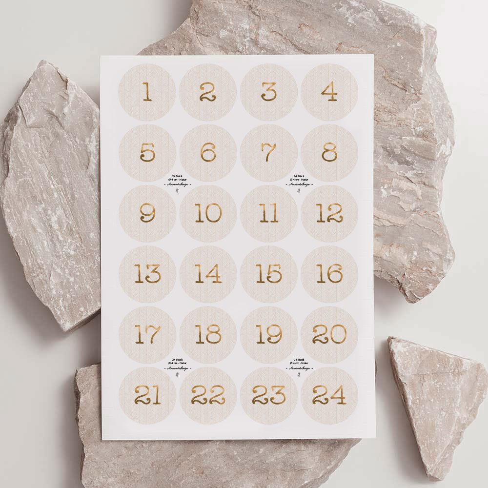 NORDEULE Aufkleber Adventskalender Zahlen 1-24 Boho Gold, Ø 4 cm runde Etiketten, (24tlg), ideal für Weihnachtsgeschenk, Adventszeit, Adventskalender, DIY
