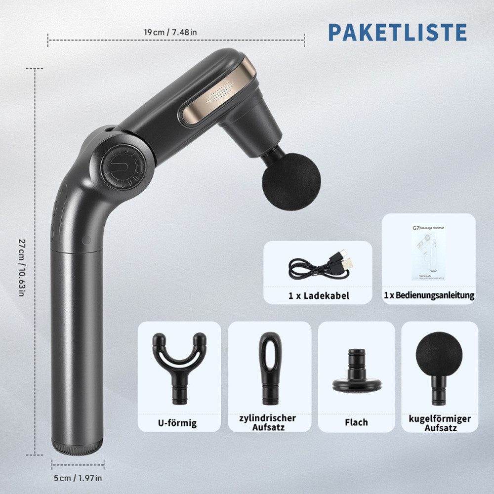 i@home Massagepistole Muskel-Massagepistole, 8 mm Tiefengewebsmassage, 5 Stufen (L1–L5) 1-tlg., 4 Köpfe, 5 Stufen (1600–2800 RPM), Tragbar mit Turbo-Beating-Funktion, Teleskopgriff, ≤54 dB Flüstermodus