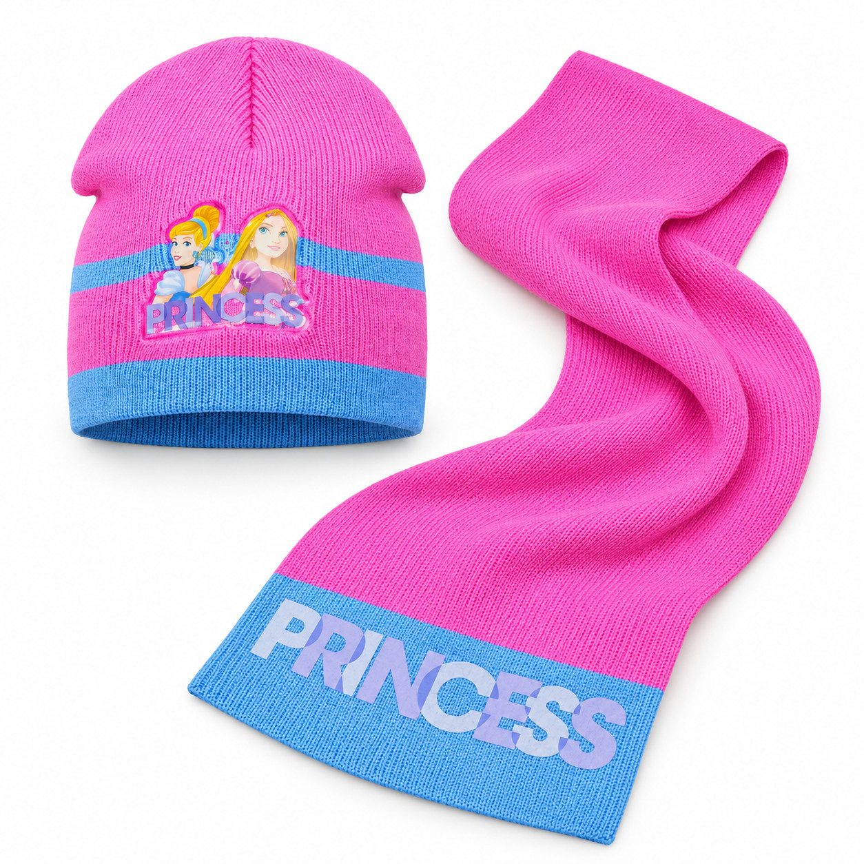 Disney Princess Schlupfmütze Disney Prinzessin Rapunzel Cinderella Kinder Mütze plus Schal Gr. 48 bis 51, Rosa oder Blau