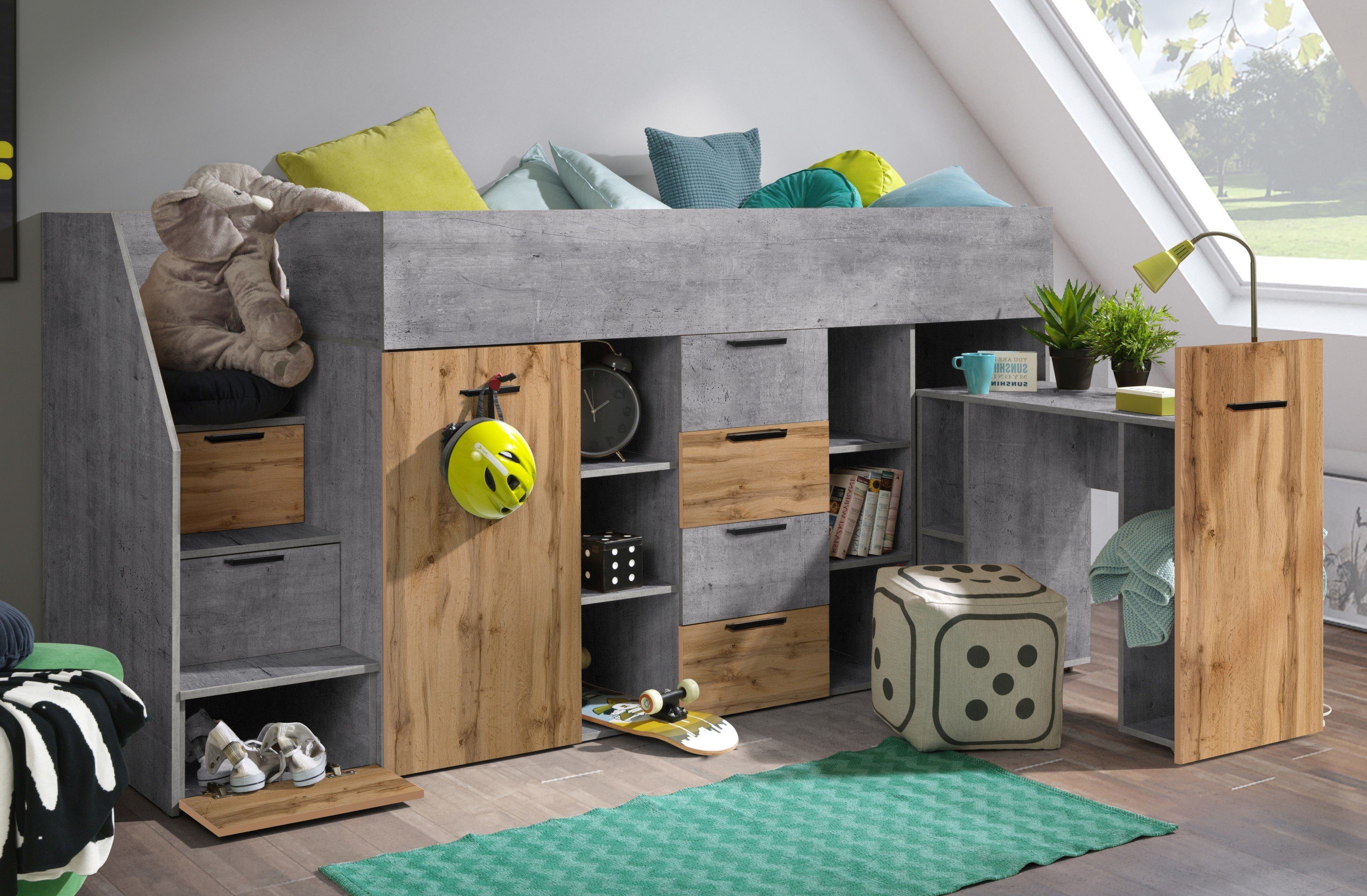 Unique Home Hochbett Kinderbett KON3-L, Hochbett mit Schreibtisch, Schrank und Schubladen Beton/Wotan