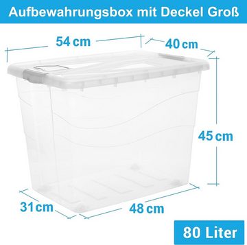 2friends Stapelbox 3er Set Aufbewahrungsbox mit Deckel Groß XXL 80 Liter, Plastikbox mit Deckel, Rollen und Clip-Griffen - Ideal für Ordnung