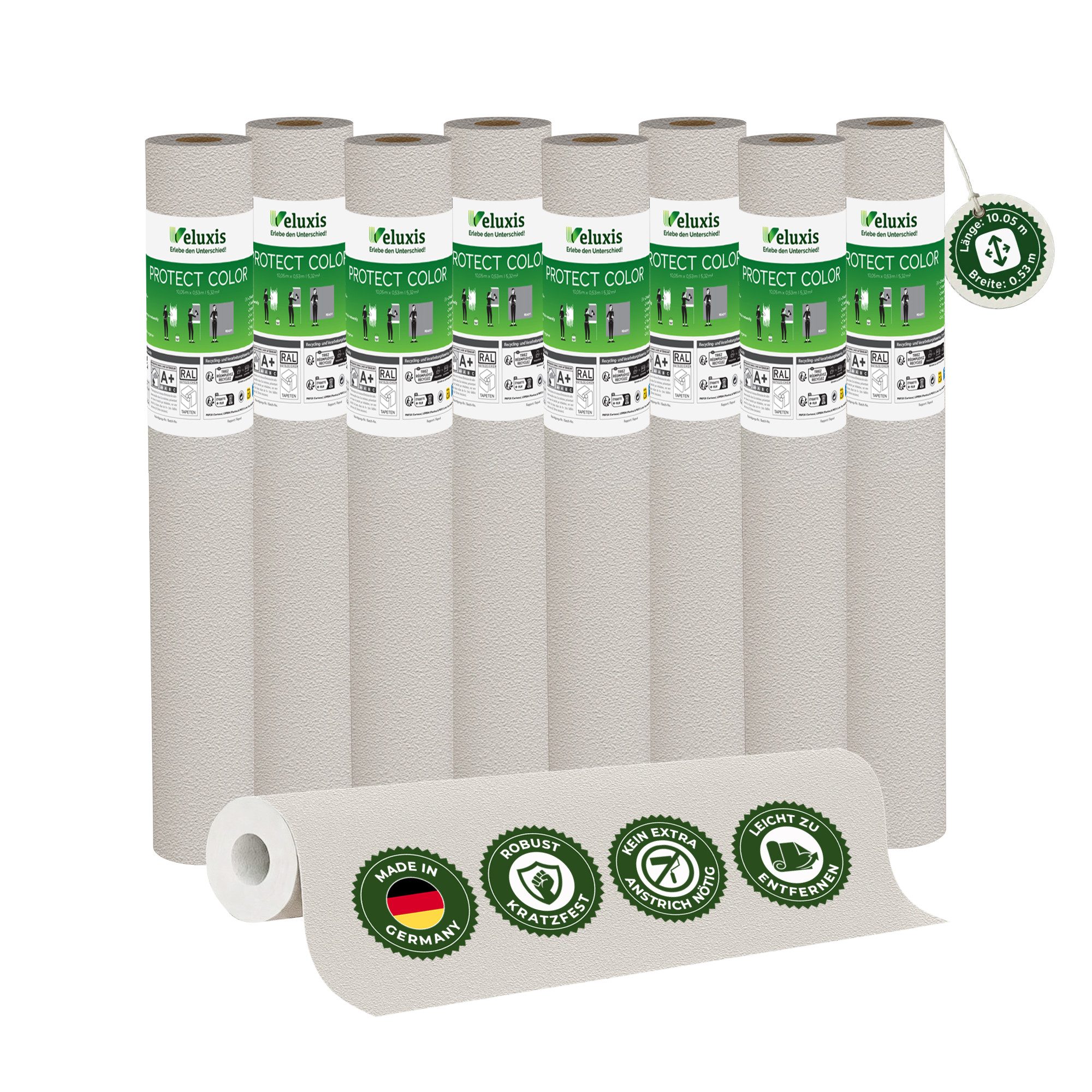 Veluxis Vliestapete Protect Color - 10,05 m x 0,53 m, kein Anstrich notwendig, extrem kratz- & stoßfest, rissüberbrückend