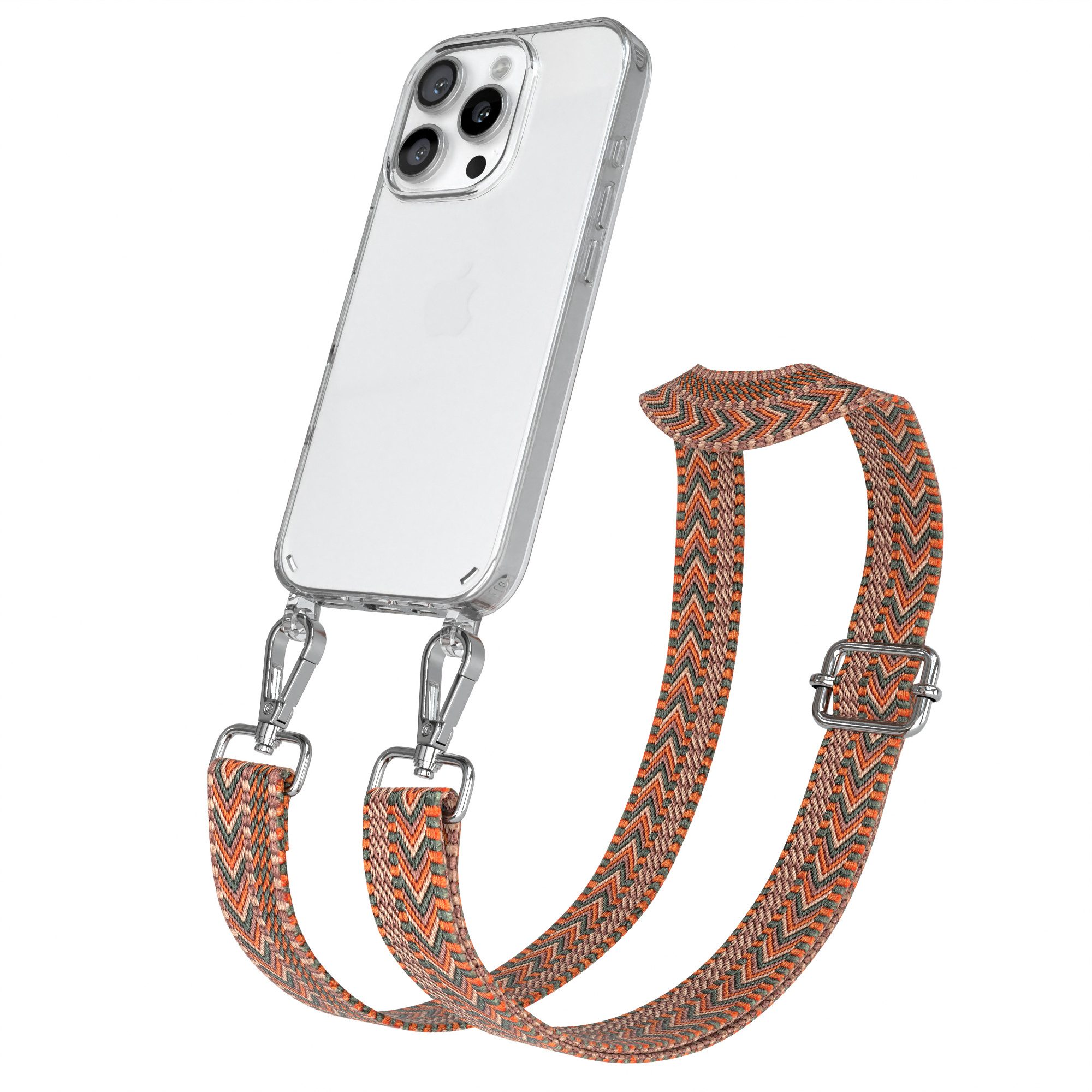 EAZY CASE Handykette Silikonhülle mit Kette für Apple iPhone 16 Pro 6,3 Zoll, schmaler Gürtel Kordel transparenter Silikonhülle Umhängetasche Orange