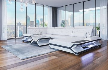 Sofa Dreams Wohnlandschaft Napoli - U Form Ledersofa, Couch, mit LED, wahlweise mit Bettfunktion als Schlafsofa, Designersofa