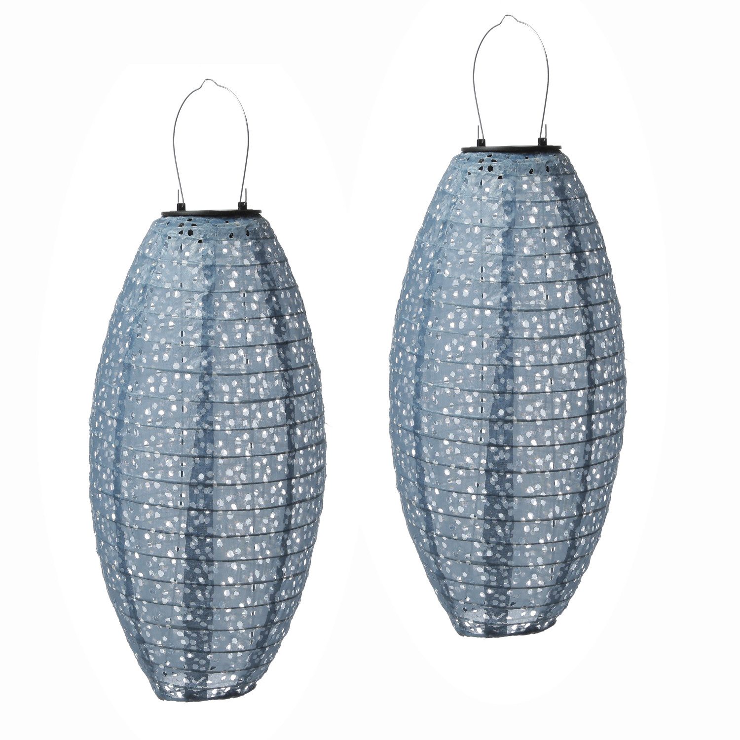 MARELIDA LED Lampion 2x Solar Gartenlampions oval Blumenmuster blau 40cm Balkon Terrasse, LED Classic, warmweiß (2100K bis 3000K)