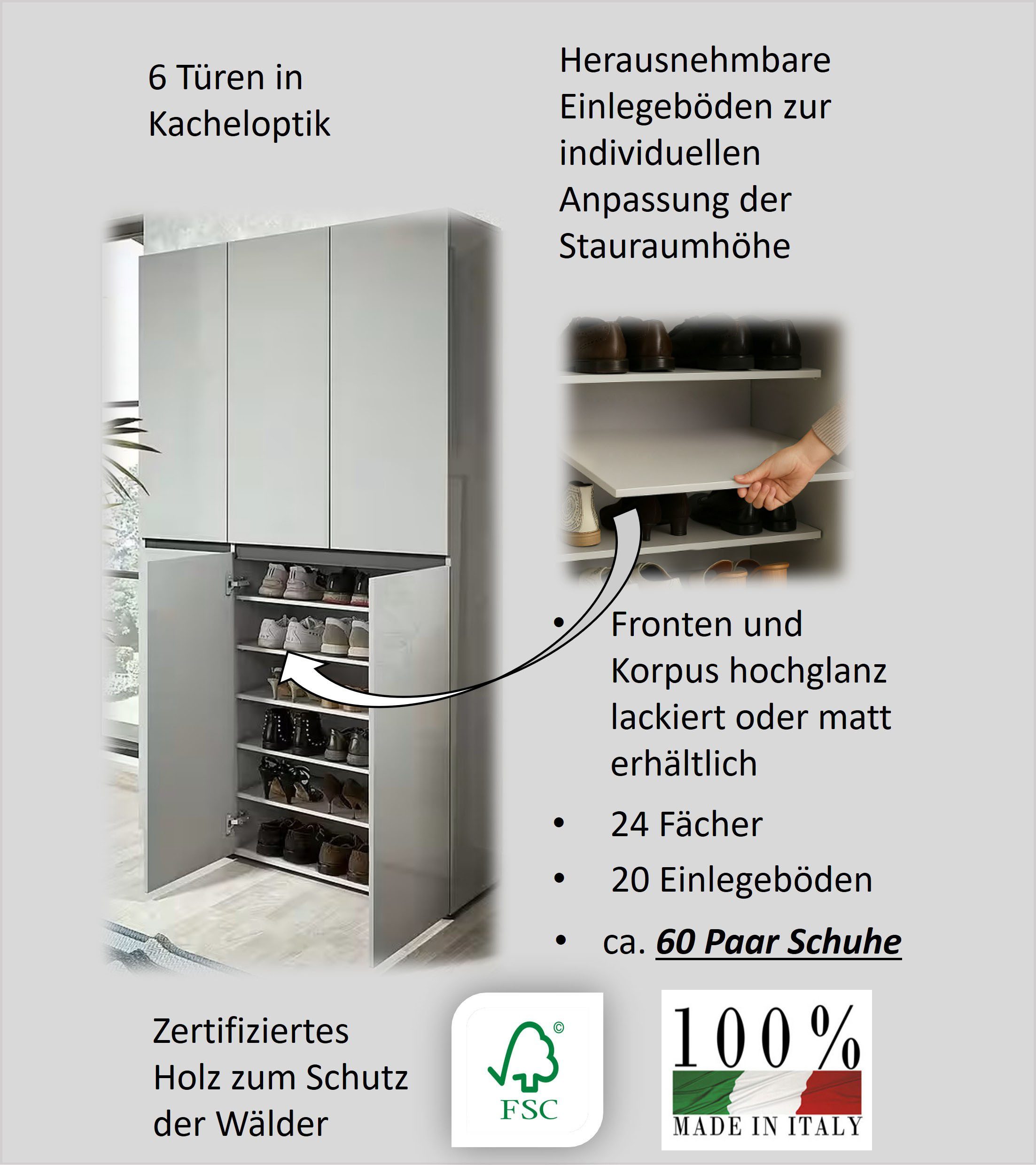 Home affaire Schuhschrank MISTER Schuhkommode, Schuhmöbel, Schuhregal, Hochglanz lackiert Breite 120 cm, Höhe 200 cm, 6 Türen, 24 Fächer, ca.58 paar Schuhe – Bild 5 von 5