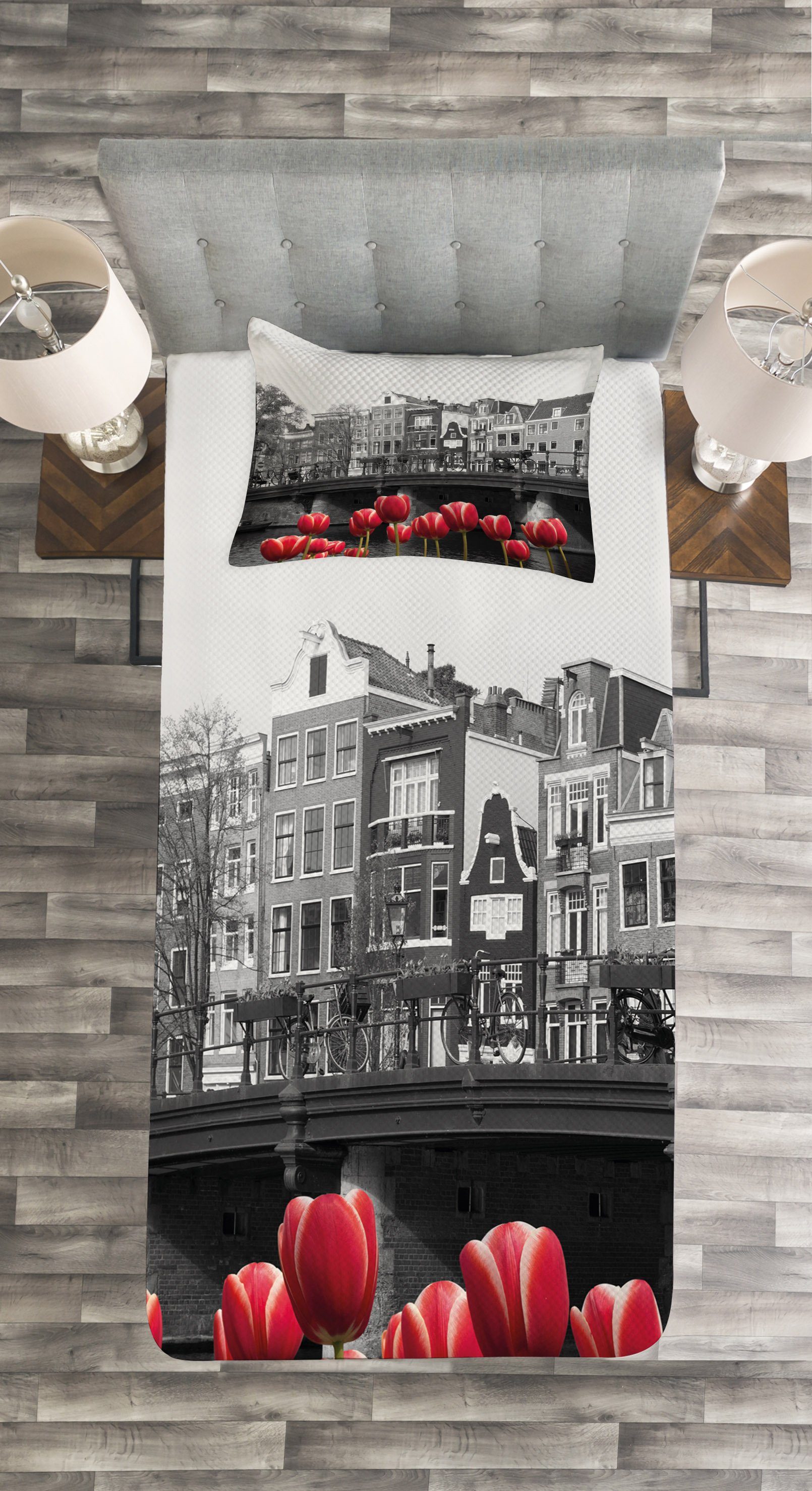 Tagesdecke Set mit Kissenbezügen Waschbar, Amsterdam-Kanal Amsterdam Abakuhaus