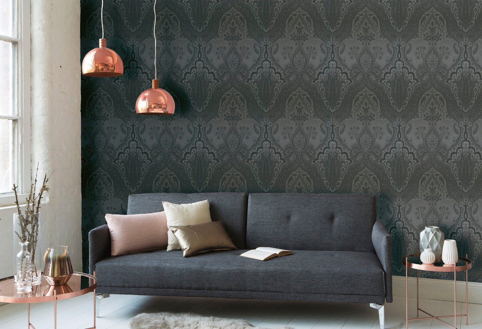 100%ige Echtheitsgarantie! living walls Vliestapete My My Spa, schwarz/dunkelgrau Barock Muster glatt, glatt glitzernd, Barock, Hintergrund ornamental, Home Glitzermuster, Ornament Tapete Vlies matt