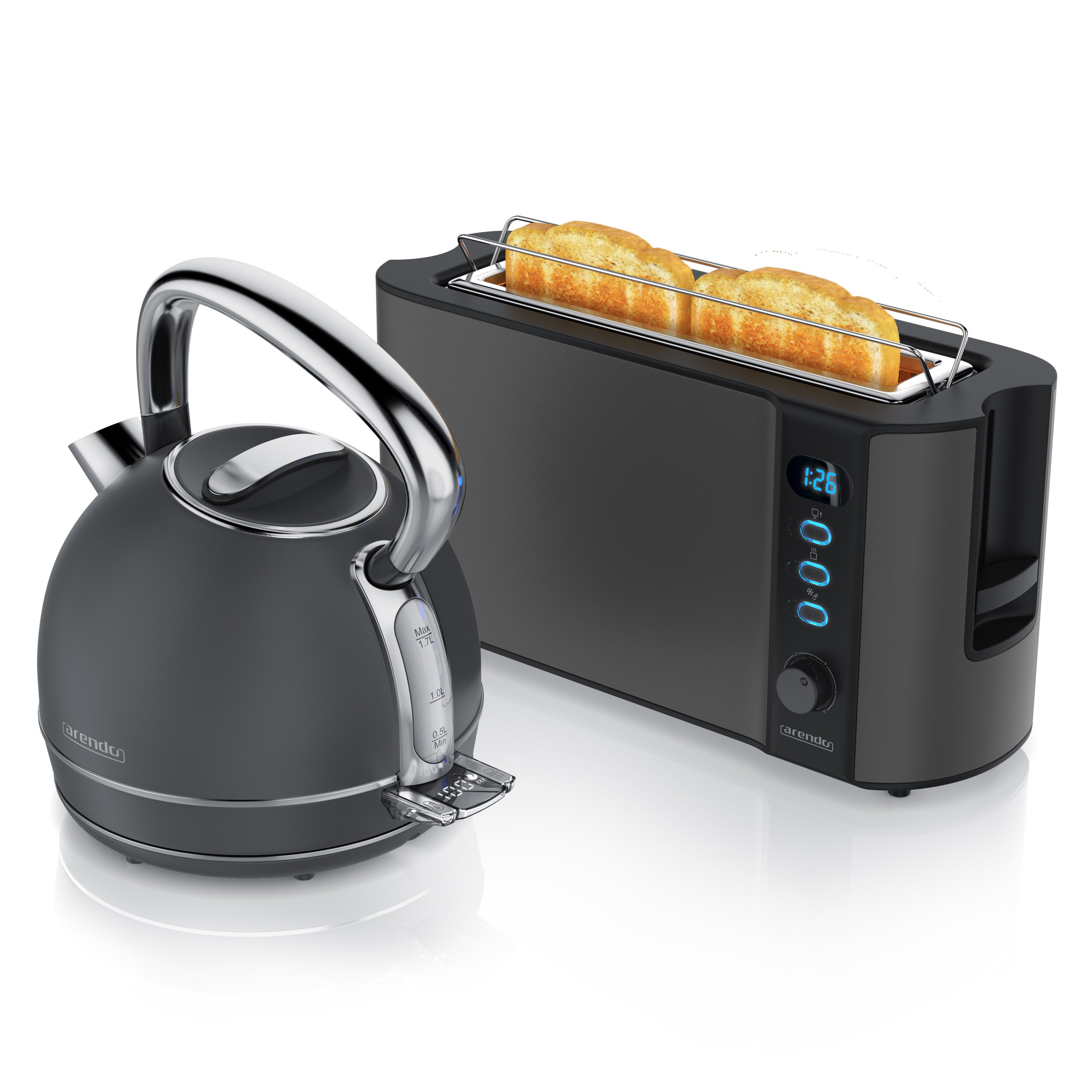 Arendo Frühstücks-Set Edelstahl Wasserkocher 1,7l, 2-Scheiben Langschlitz Toaster, Cool Grey (2-tlg), Vintage Wasserkocher Temperatureinstellung, Toaster Brötchenaufsatz