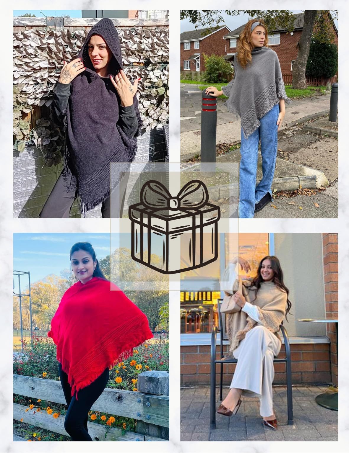 nsihing Poncho Damen Poncho mit Kapuze und gehäkeltem Cape mit Fransensaum für Herbst Winter