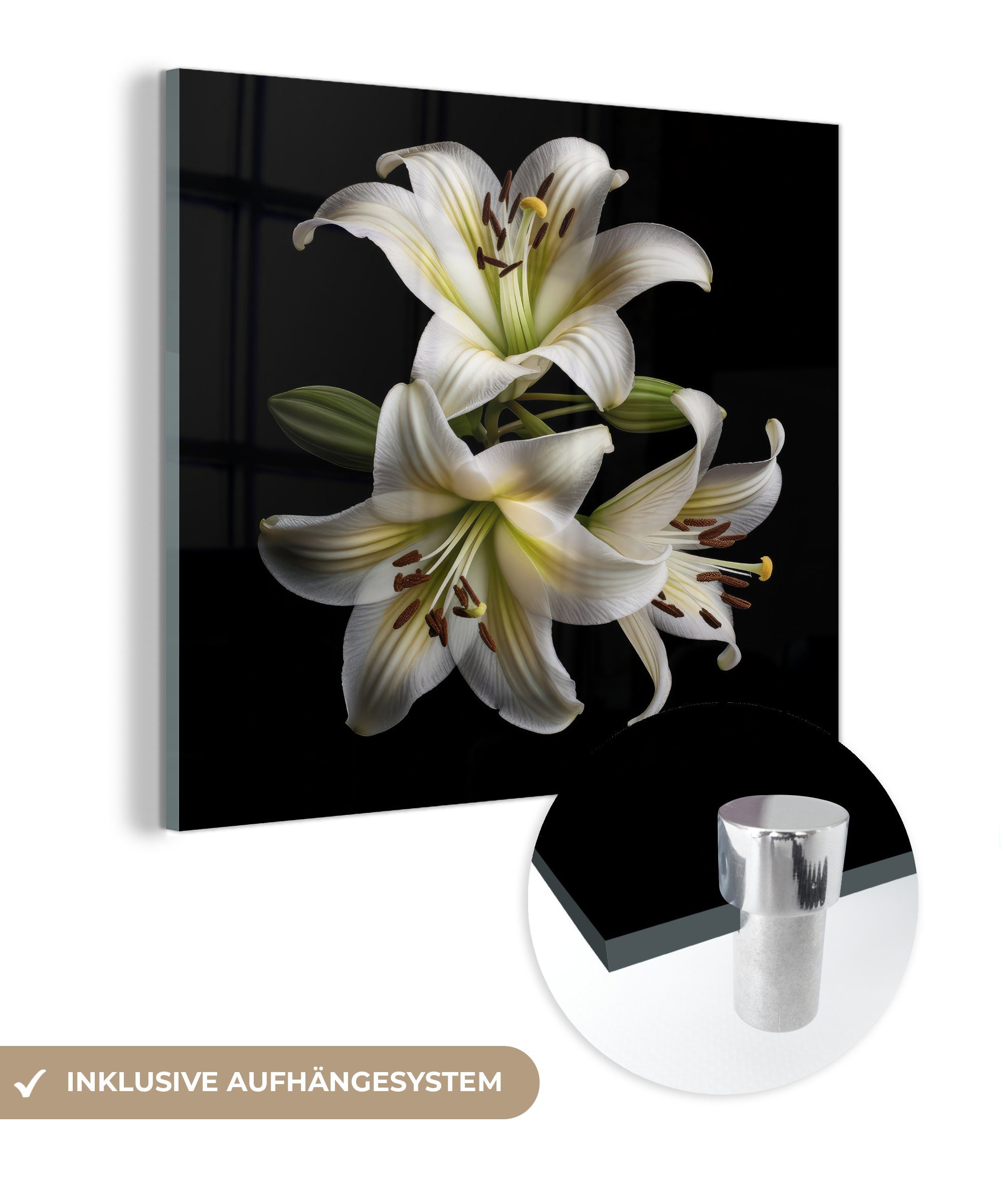 MuchoWow Acrylglasbild Lilie - - (1 - Blumen auf Natur Glas Weiß - Foto auf St), Wandbild Glasbilder Botanisch, Glas Bilder - - - Wanddekoration