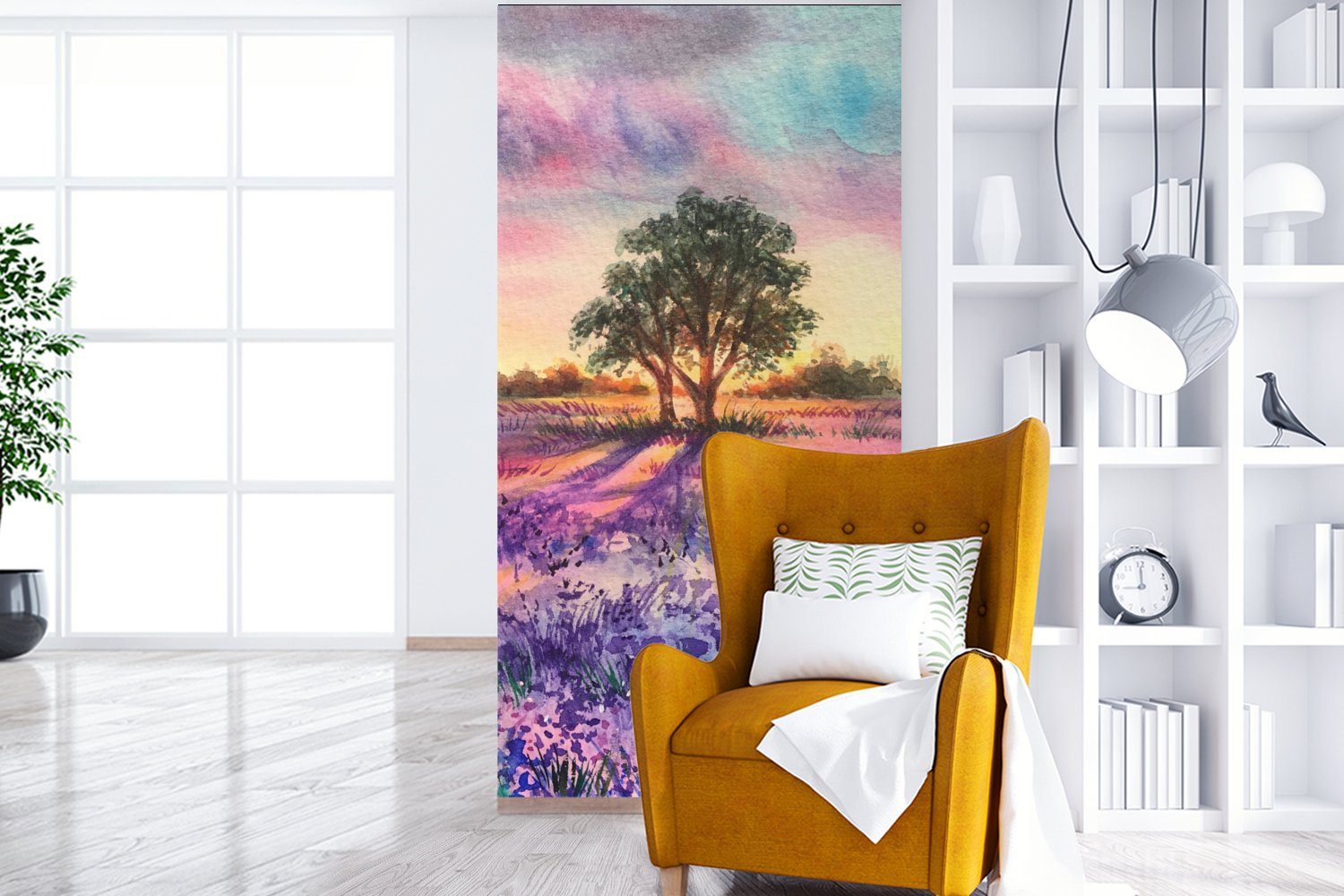 St), - MuchoWow - Wohnzimmer Lavendel - Fototapete bedruckt, Vögel (2 Farbe Bäume Küche, Fototapete Vliestapete Lila, Schlafzimmer Matt, für -