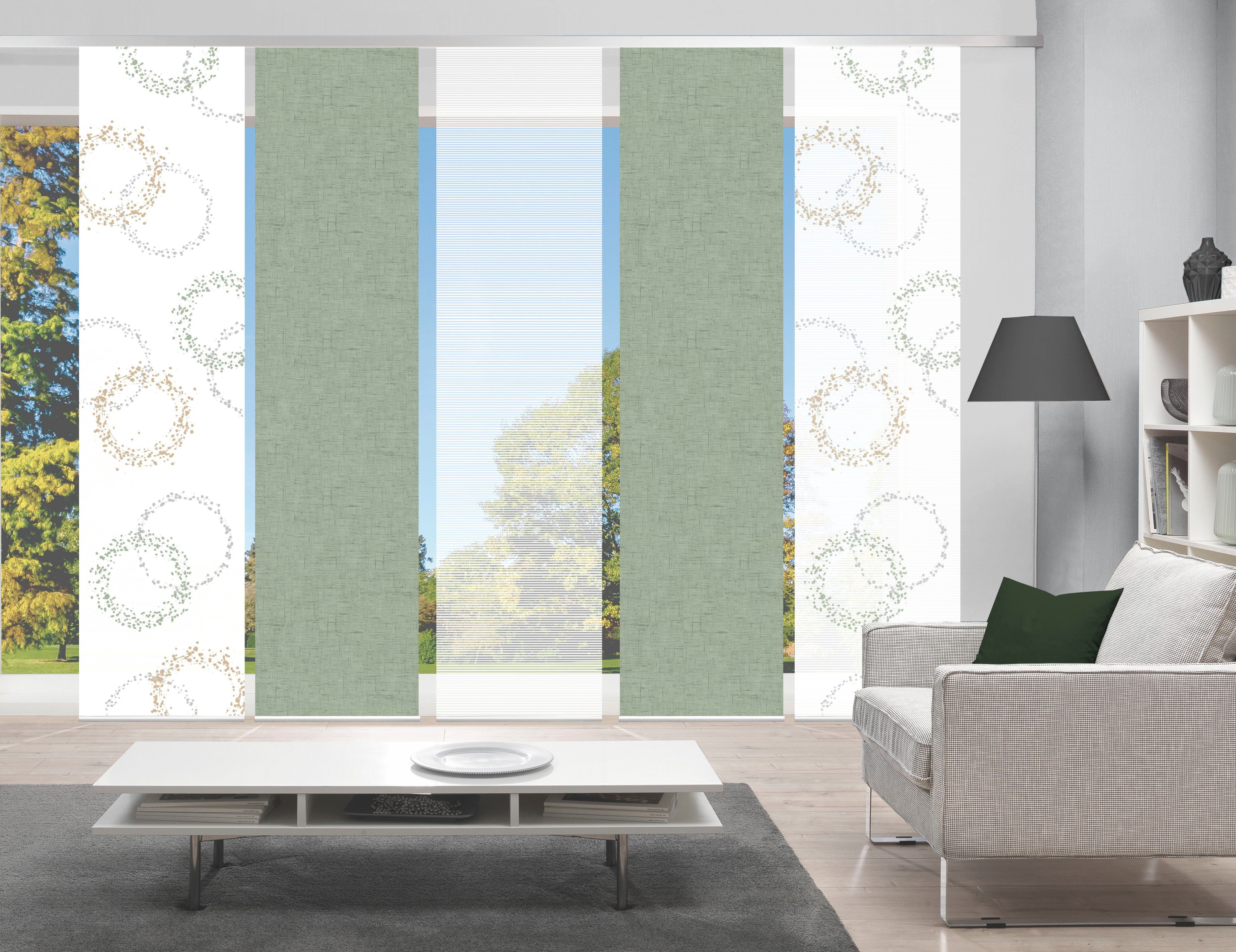 Vision S Schiebegardine AINUR 5er SET (5 St), Paneelwagen, halbtransparent, Schiebevorhang Digidruck 5er Set AINUR