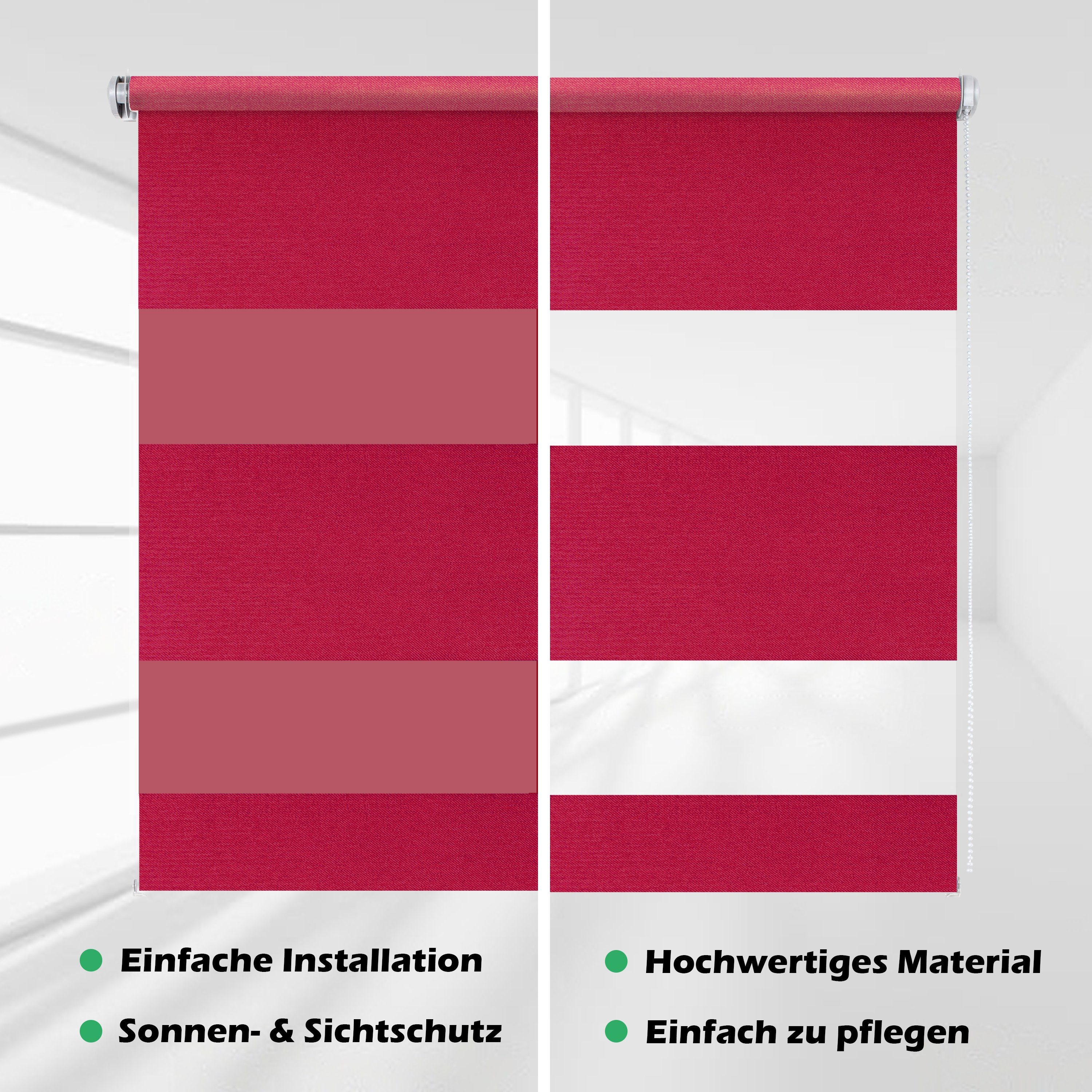 Doppelrollo extra oder Klemmfix-H, Rot mit Klemm- "Metallic" DomDeco, Stoff-Streifen Doppelrollo Schraubmontage und breiten