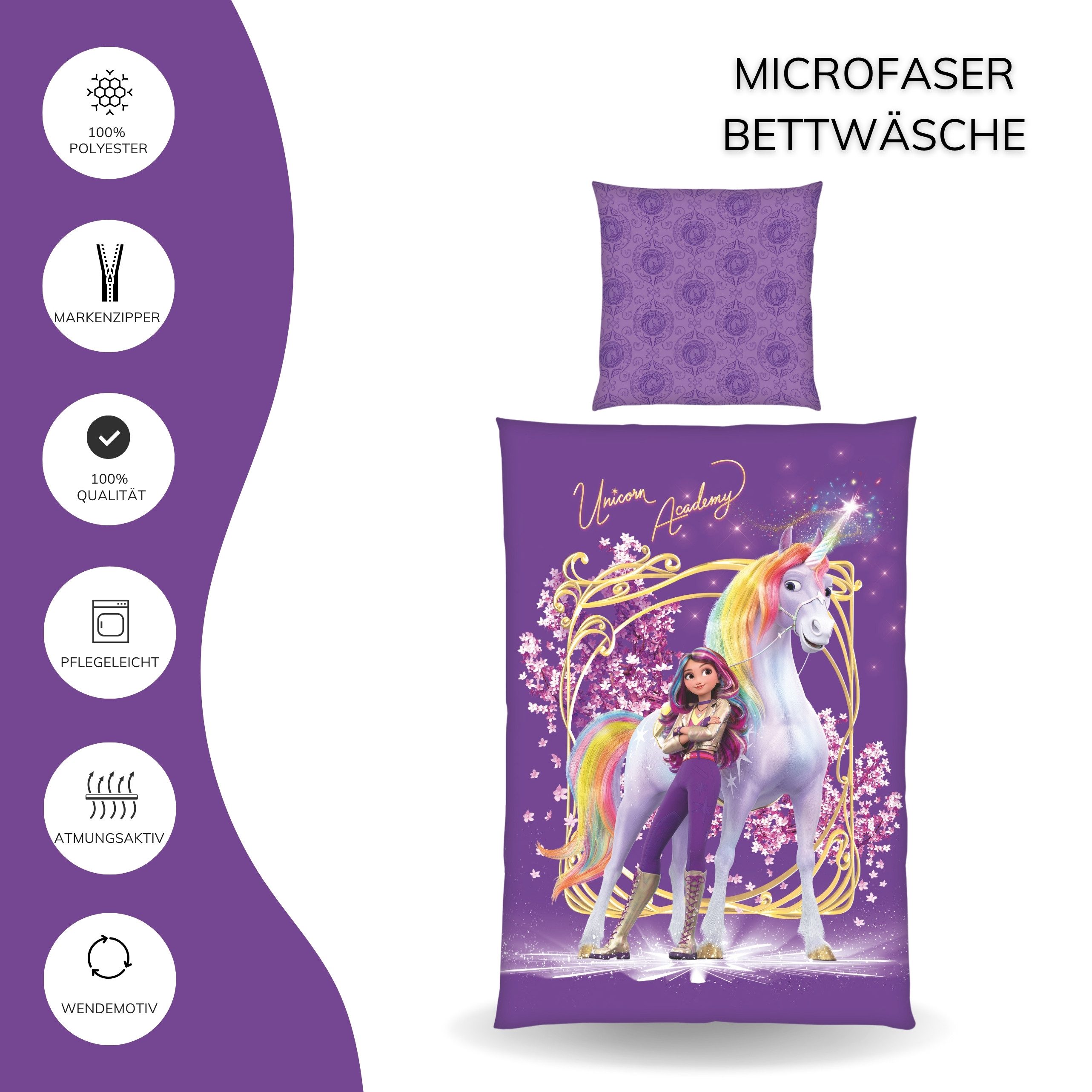 MTOnlinehandel Bettwäsche Unicorn Academy 135x200 + 80x80 cm, Kinder Geschenkidee, Microfaser, 2 teilig, Wende-Motiv mit Sophia & Wildstar • Einhorn