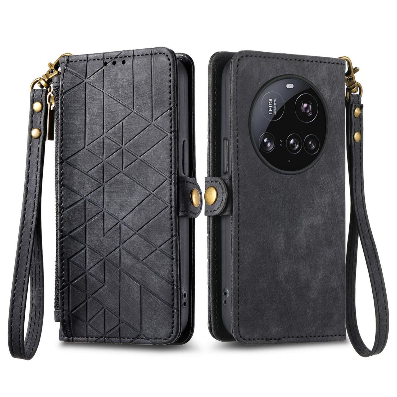 Wigento Handyhülle Für Xiaomi 15 Ultra Kunstleder Zipper Book Wallet Tasche Hülle Schwarz, Kartenfächer, Reißverschlussfach, Standfunktion