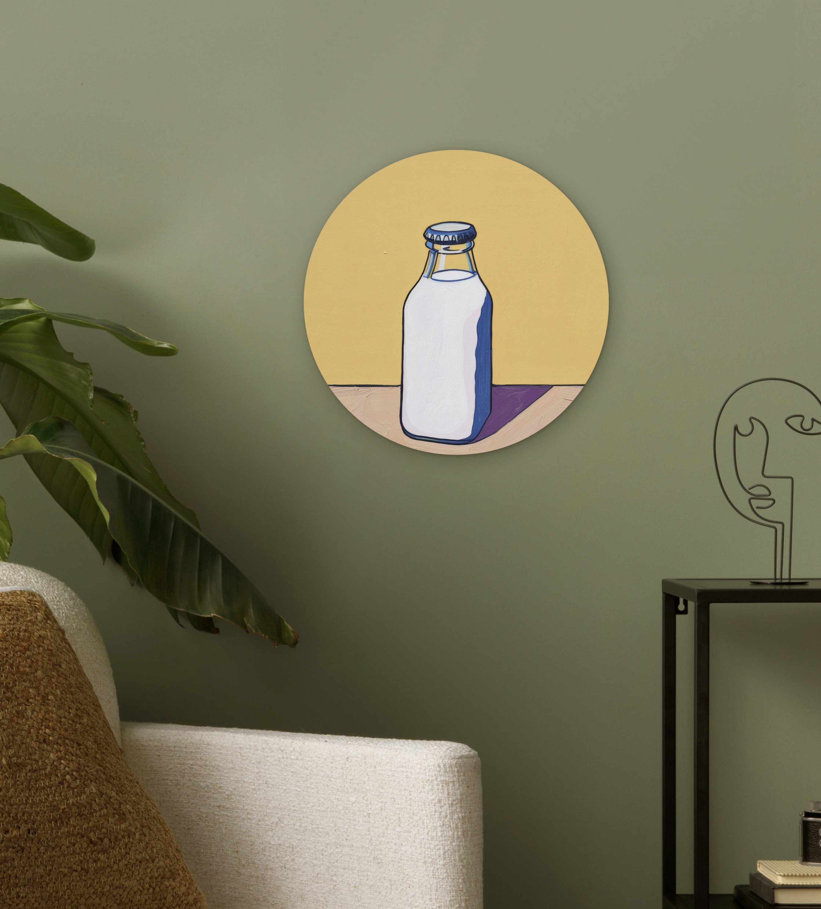 MuchoWow Gemälde Gläser - Flasche - Illustration - Milch, Fotodruck (1 St), Kreis Wanddekoration, Rundes Wandbild, 30x30 cm